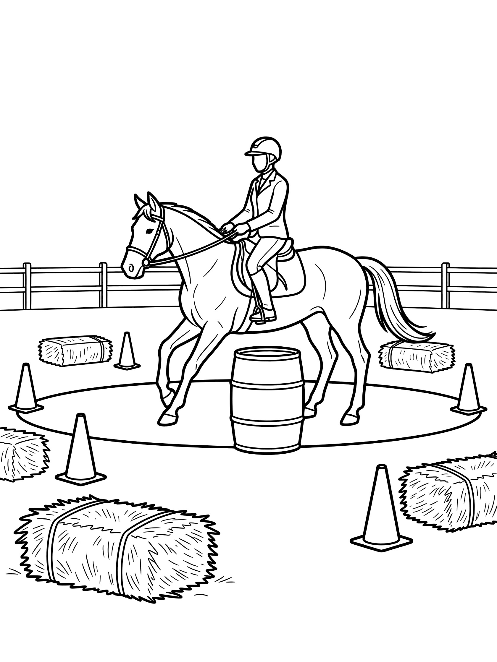 Black and white line art coloring page showing a horse with rider walking in a circle around a barrel, surrounded by hay bales and traffic cones in an arena with fence. Barrel Racing themed black and white printable line art