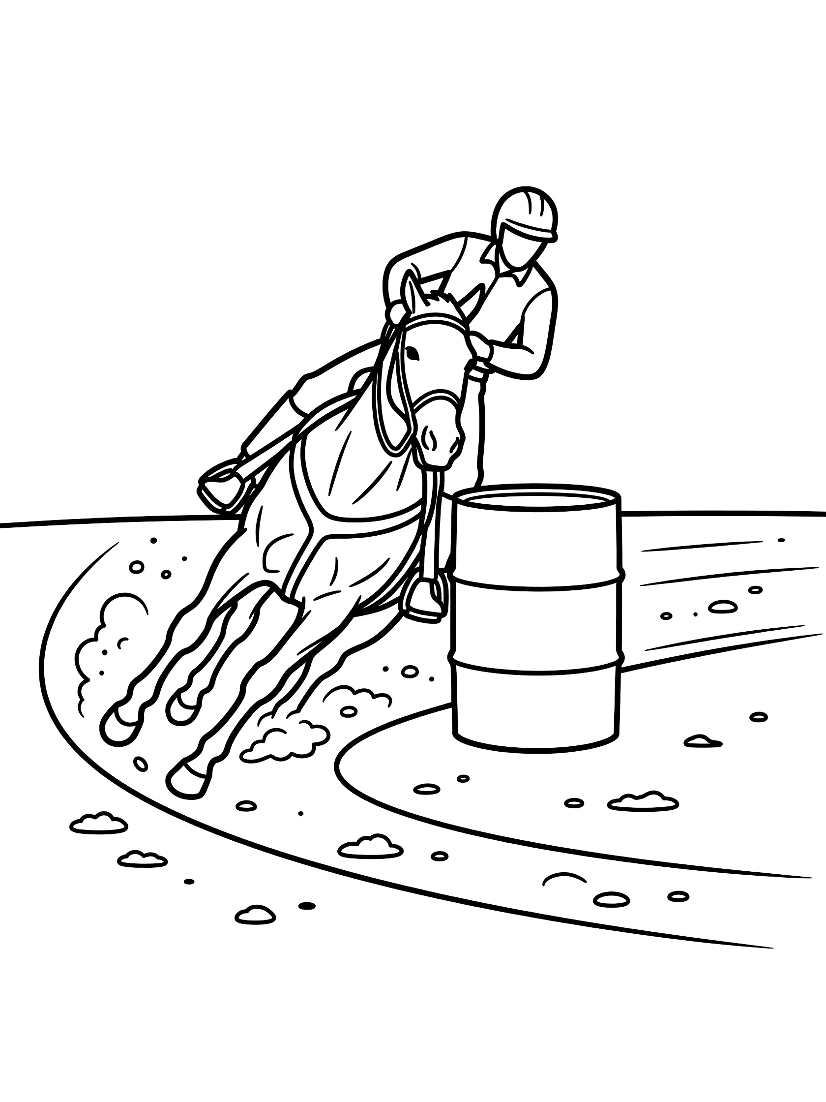 Black and white line art coloring page showing a horse leaning sharply around a tall barrel with a rider tipping forward, motion lines, and dirt on the arena ground.