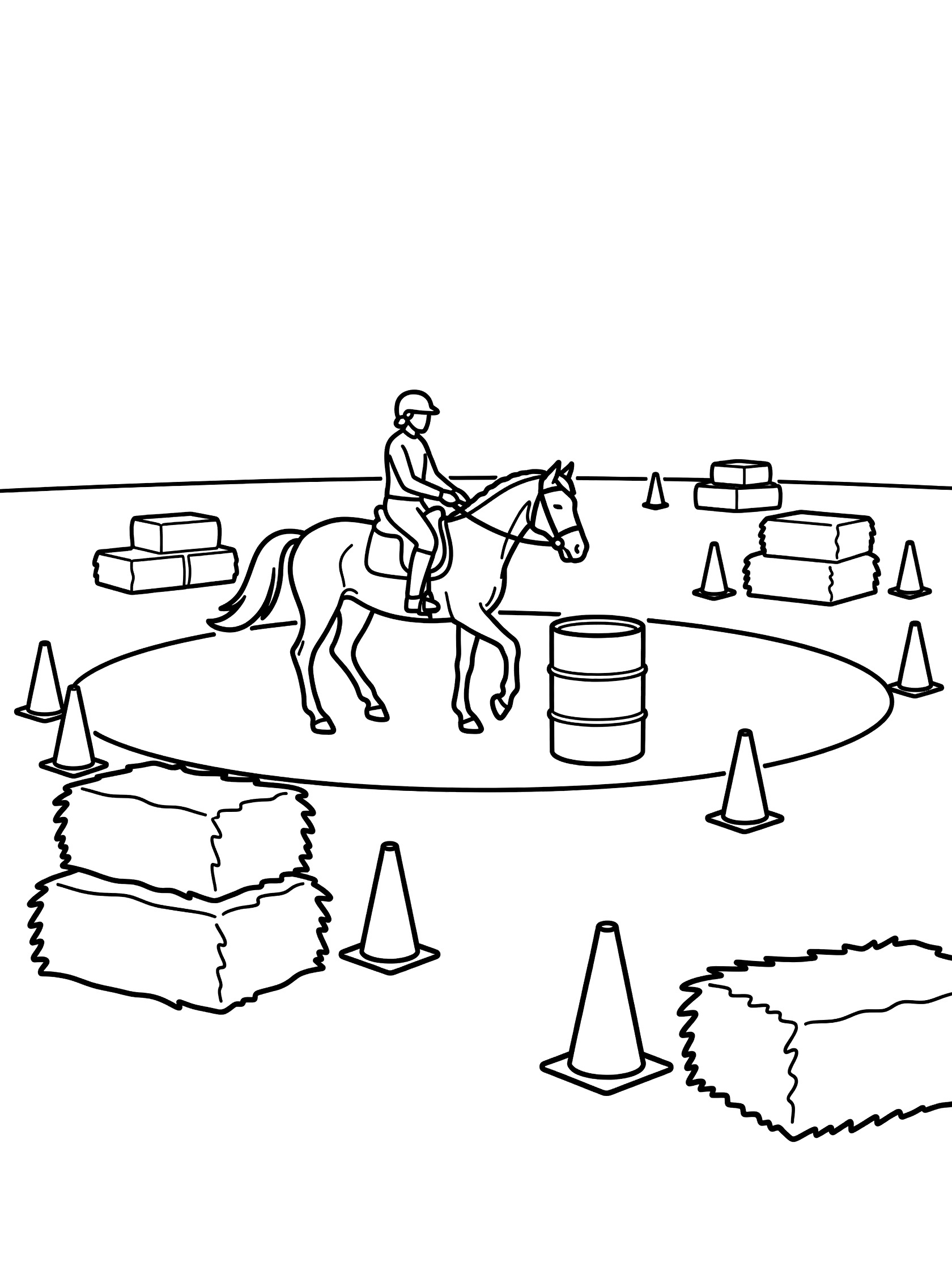 Black and white line art coloring page showing a horse with rider guiding it in a circle around a barrel, surrounded by traffic cones and stacked hay bales. Barrel Racing themed black and white printable line art