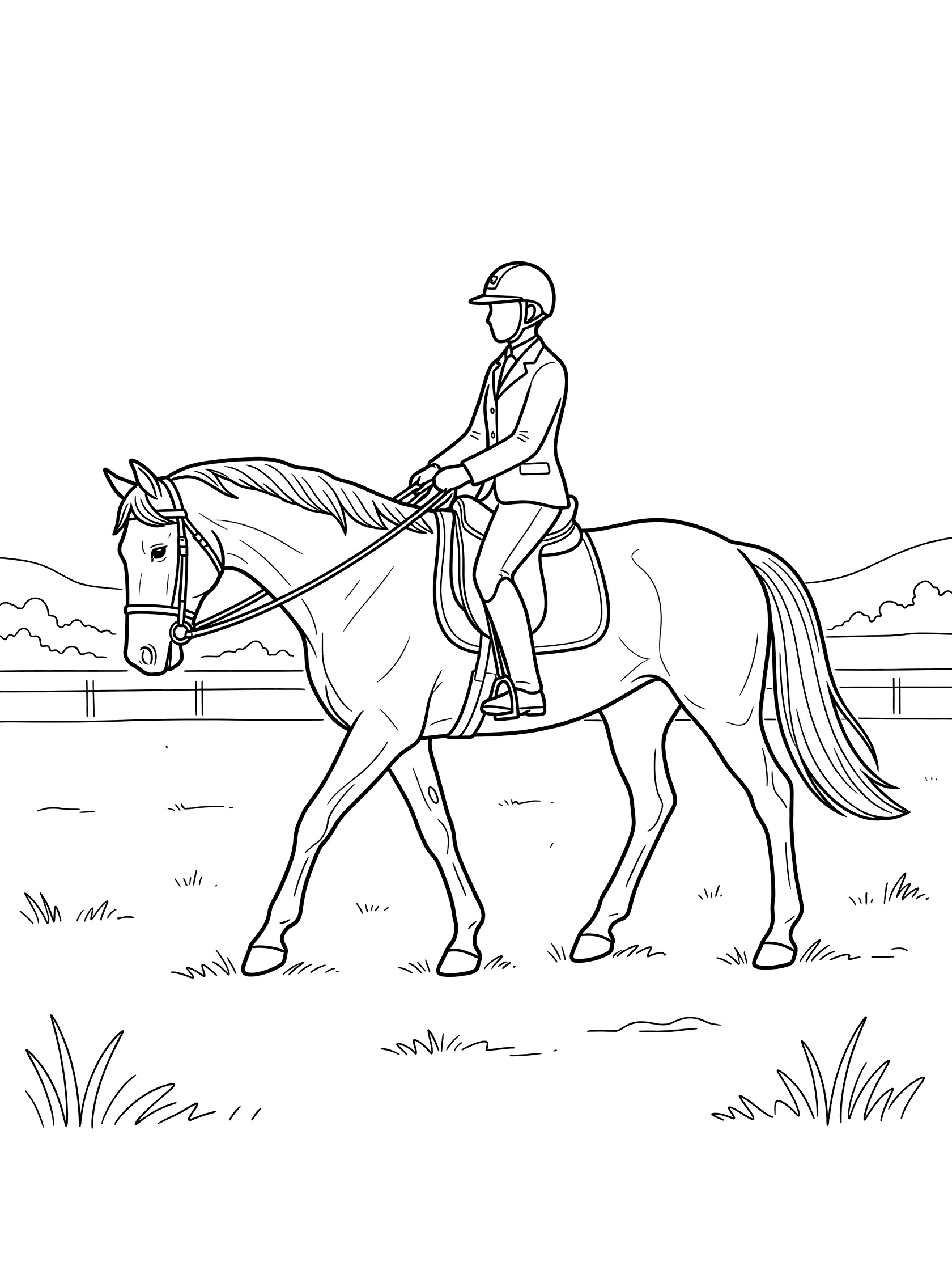 Black and white line drawing of a horse with rider walking in a grassy field with fence and hills