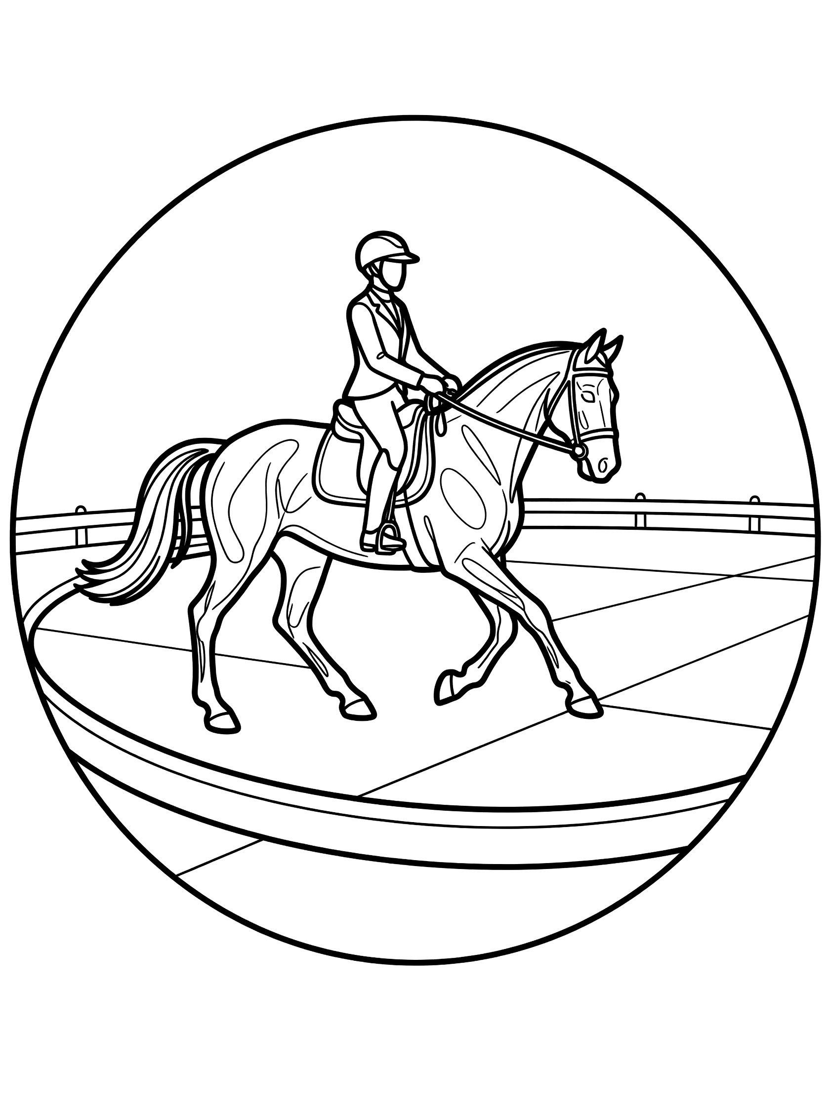 Black and white line art coloring page showing a horse with rider in riding clothes and helmet trotting in a round dressage arena circle with fence.