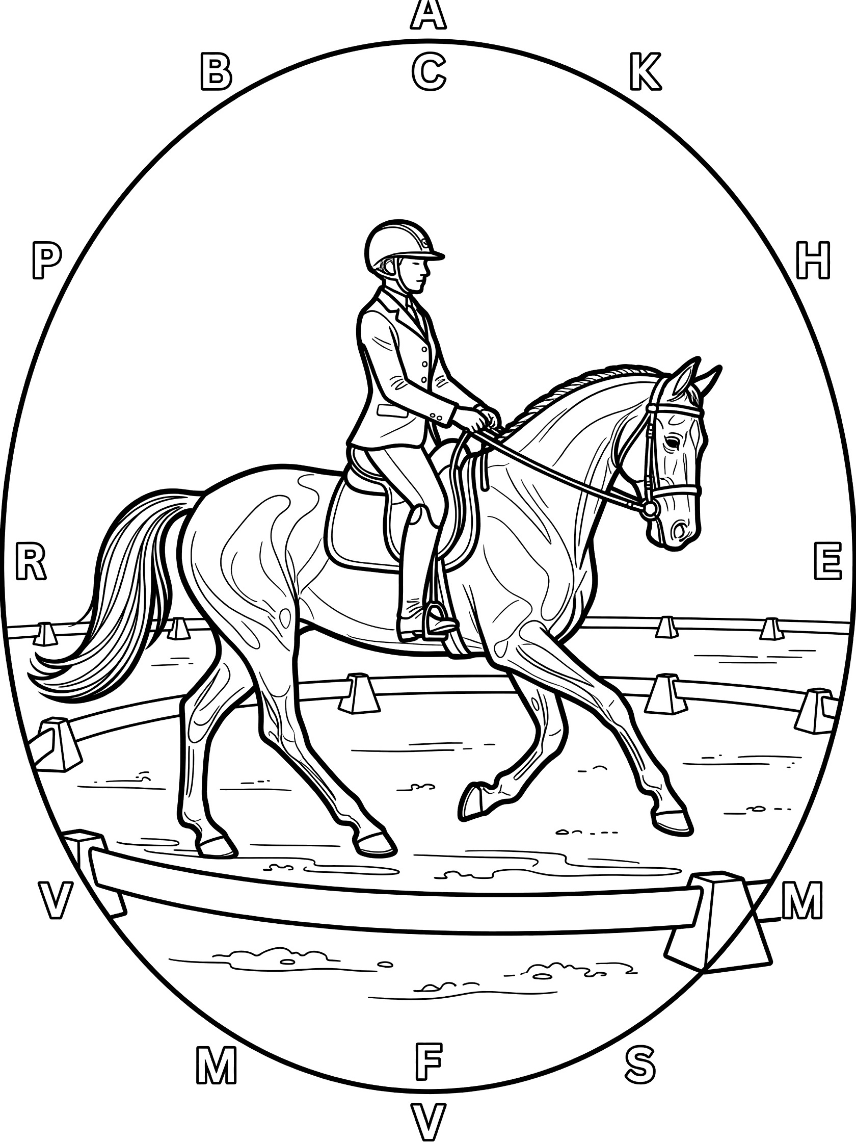 Black and white line art coloring page showing a rider on a horse trotting in a circle around cones in a dressage arena with labeled letters A through K.