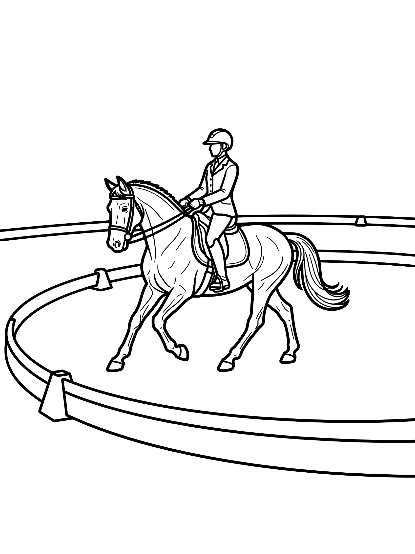 Black and white line art coloring page showing a horse with rider trotting in a circle inside a dressage arena with ring fences
