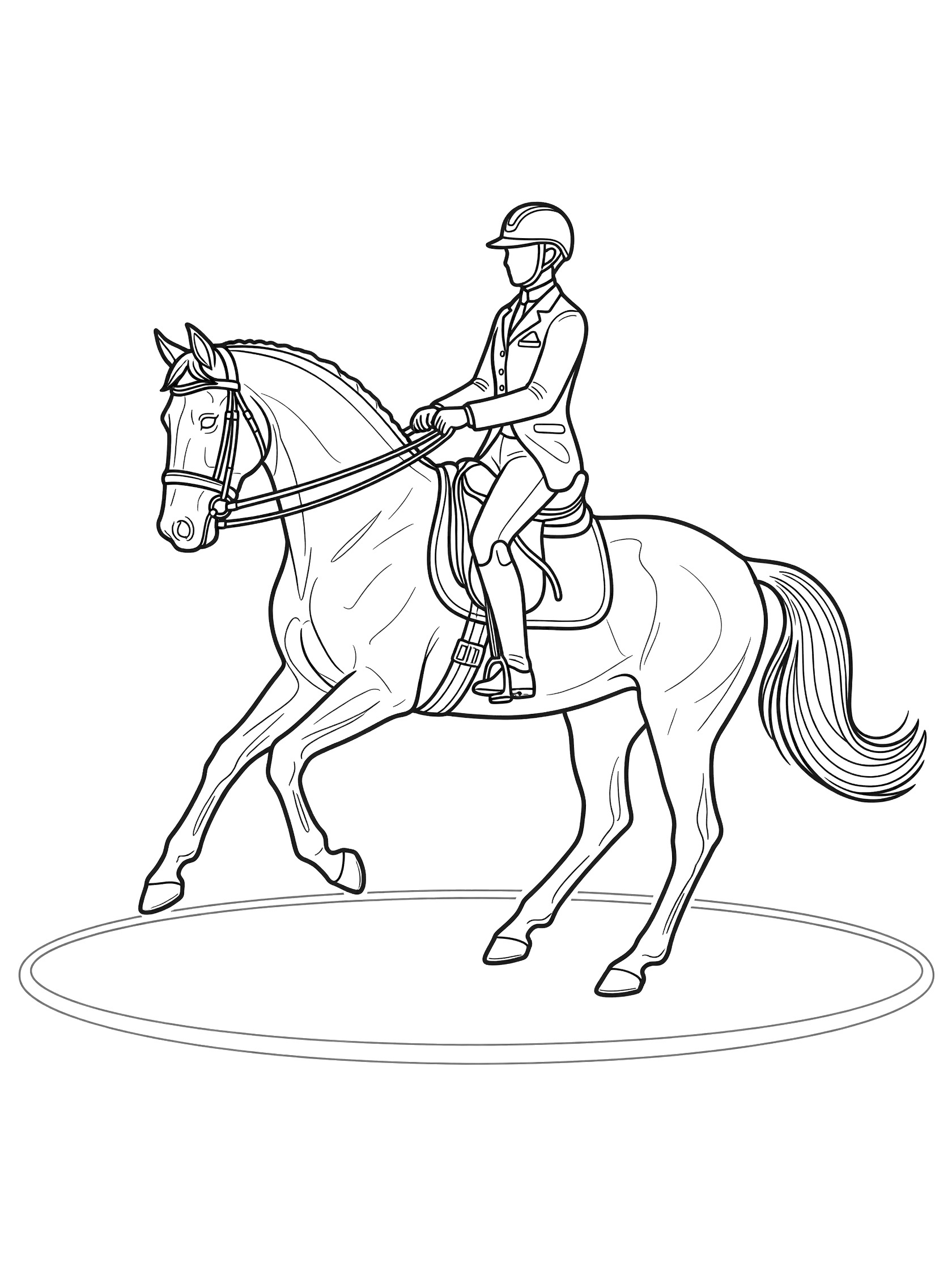 Black and white line art coloring page of a horse with a rider in riding clothes performing dressage on a circle in an arena.