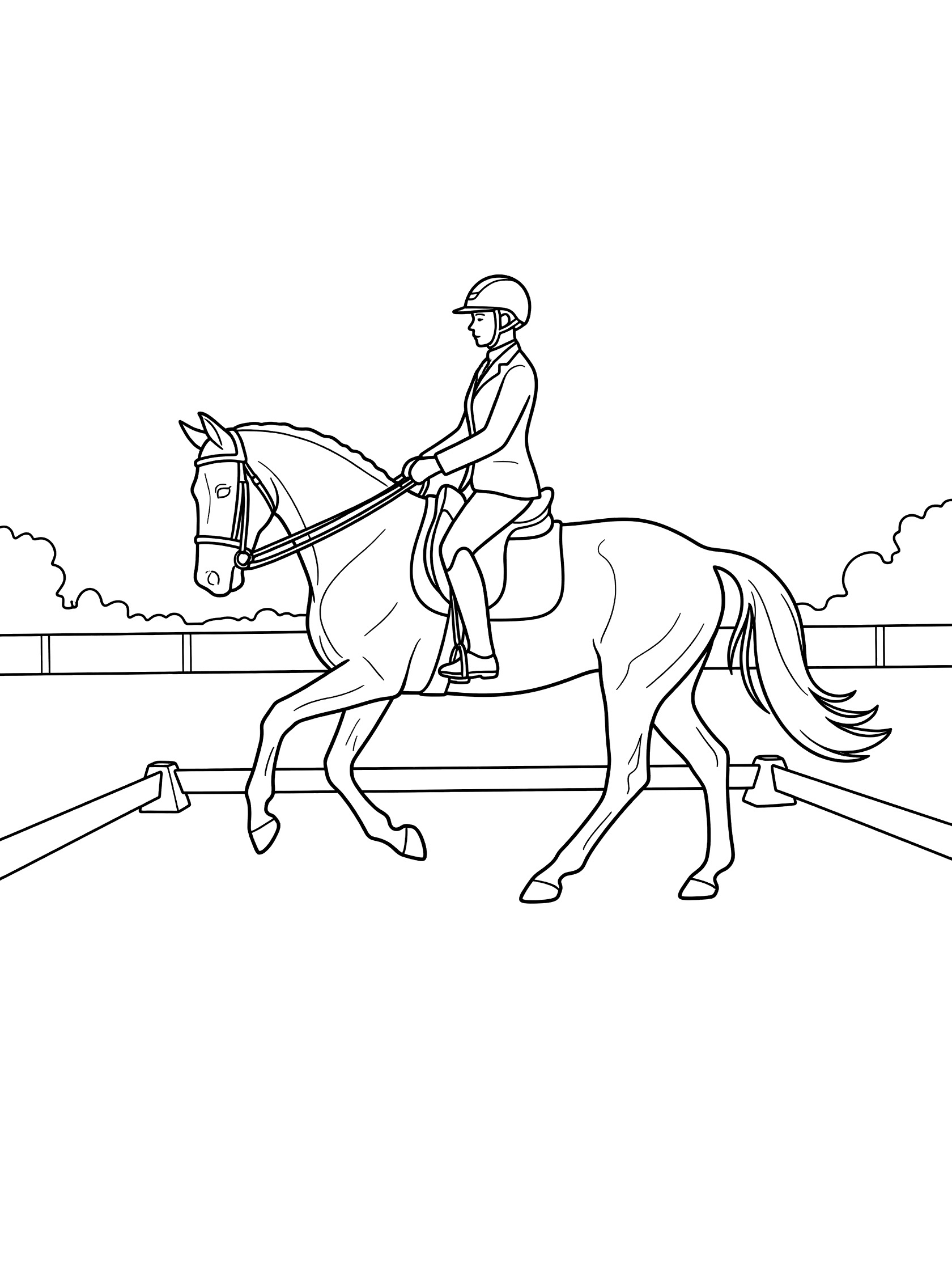 Black and white coloring page showing a horse with a rider in riding clothes trotting in a fenced arena with corner markers.