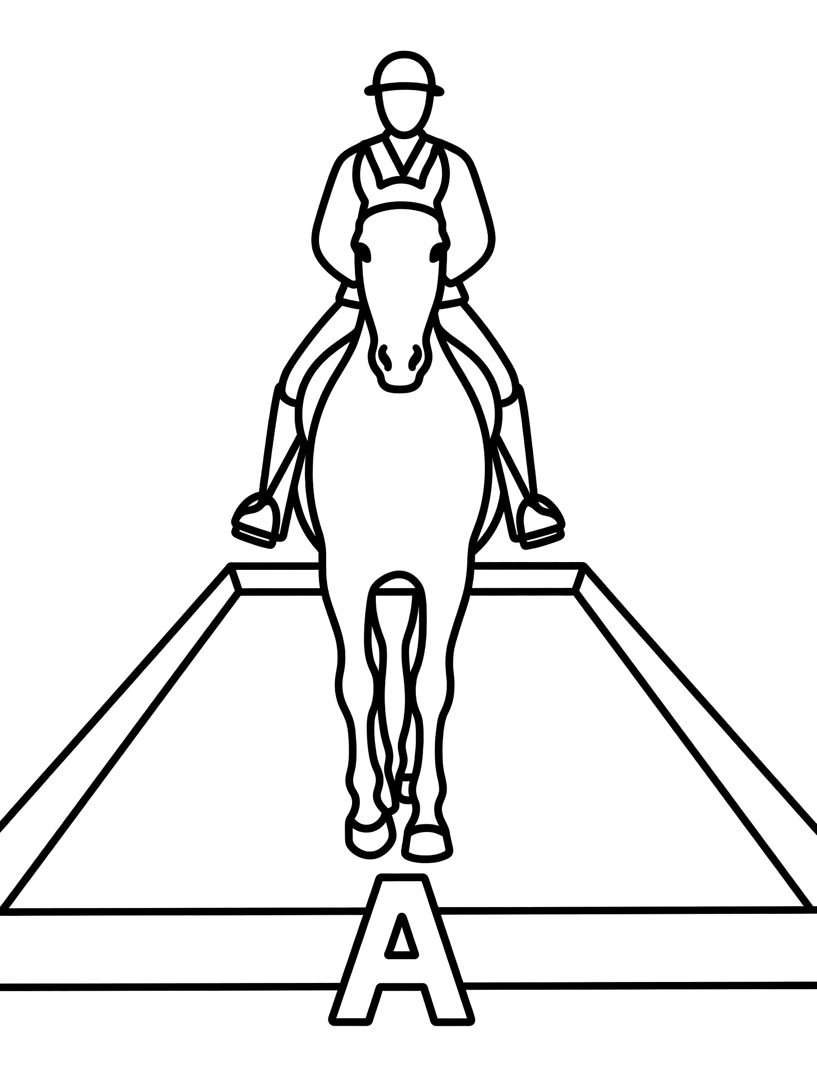 Black and white line art coloring page showing a horse with rider trotting forward into a dressage arena marked with letter A