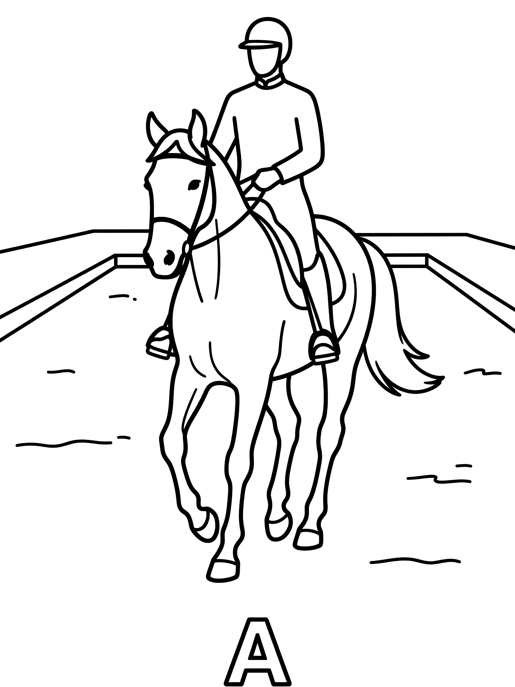 Black and white line art coloring page showing a horse with rider in helmet and jacket trotting forward in an arena with letter A marker and fenced edges.