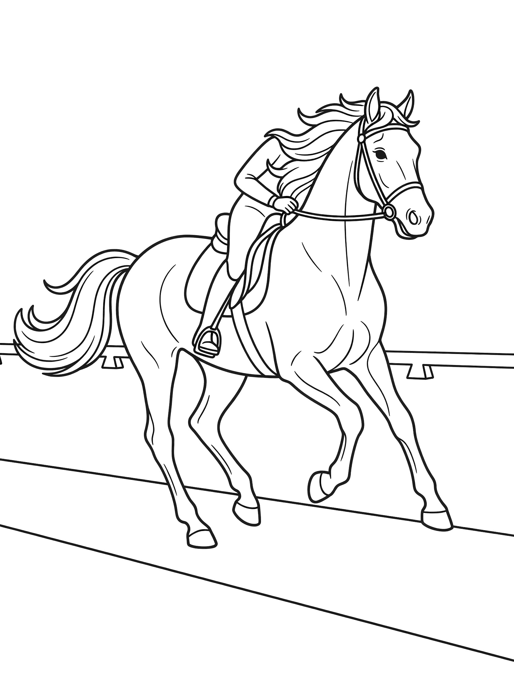 Black and white line art coloring page showing a horse with arched neck and flowing mane and tail trotting with a rider leaning forward in a dressage arena. Show Jumping themed black and white printable line art