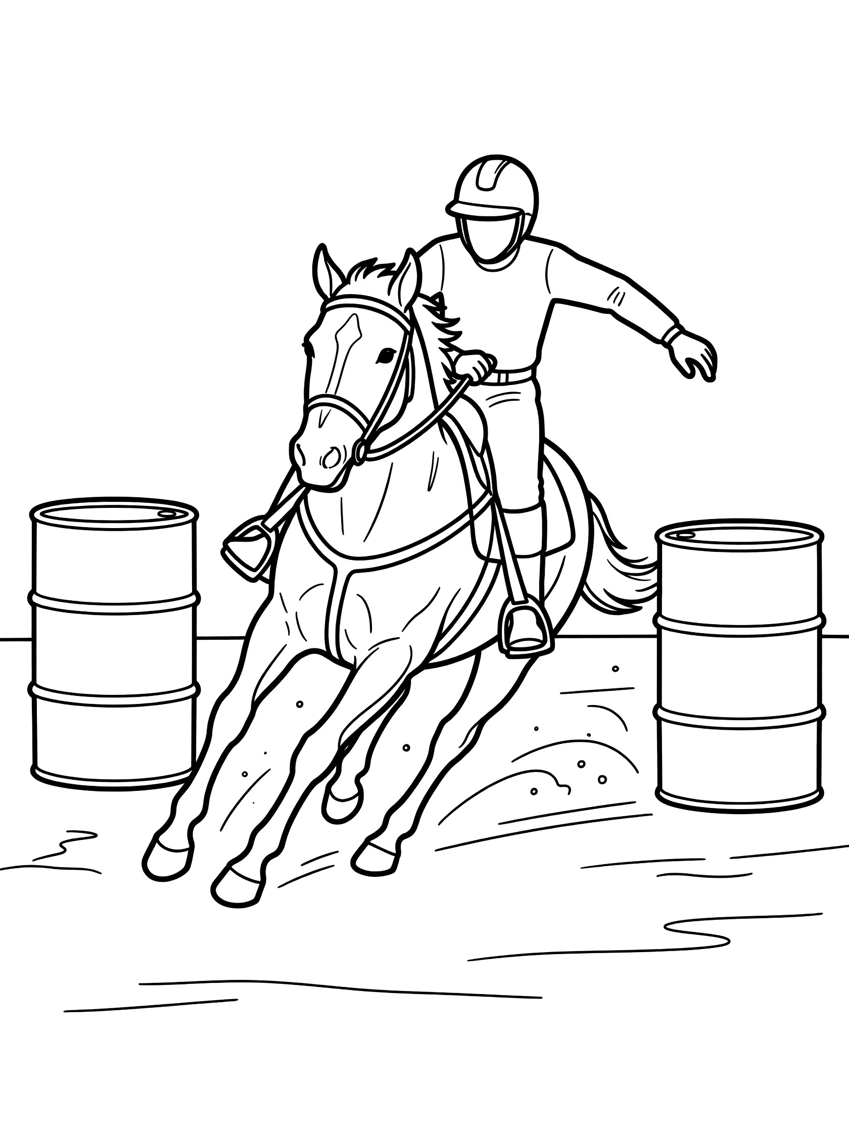 Black and white line art coloring page showing a horse galloping with rider between two tall barrels on arena floor.