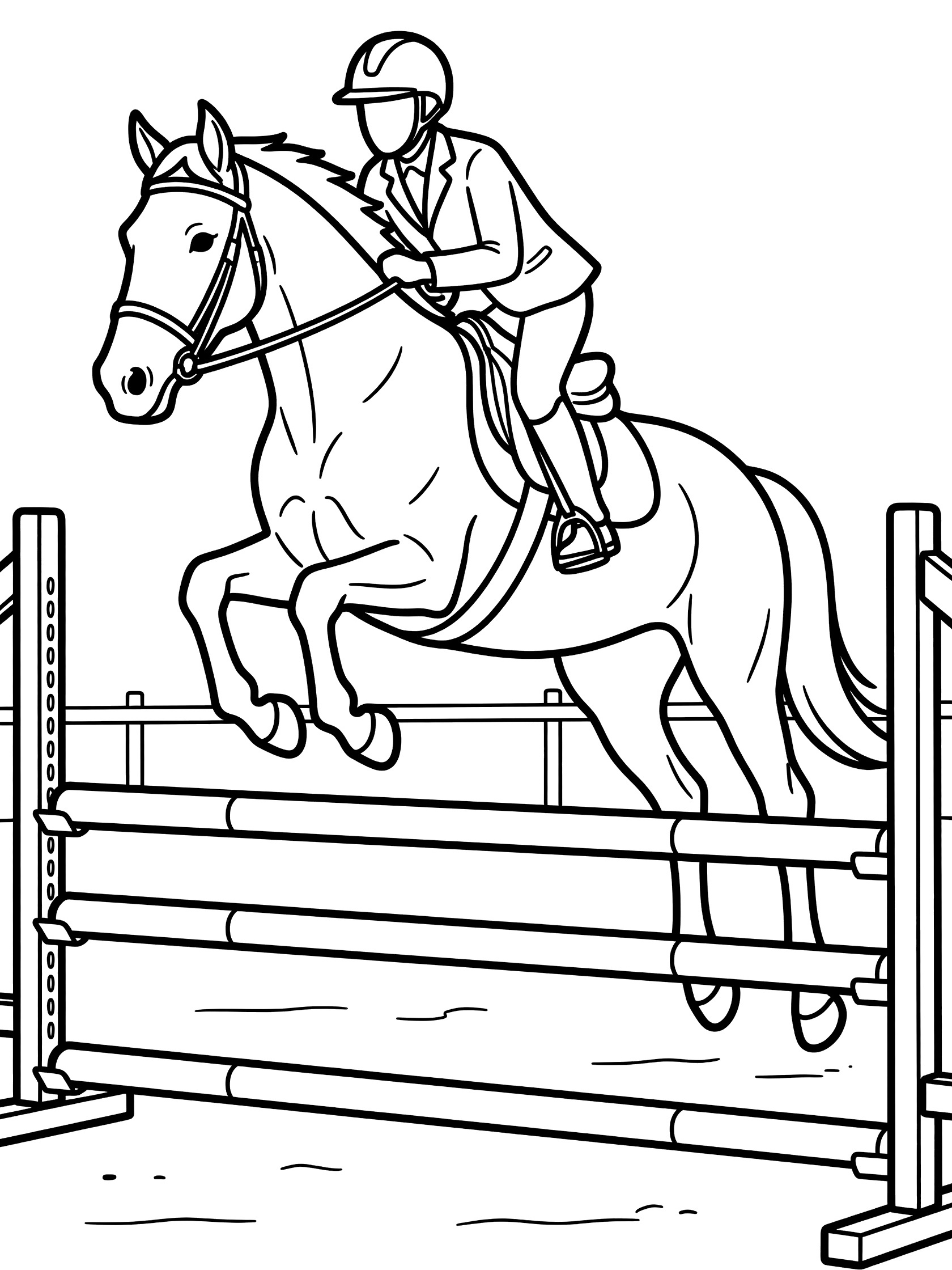 Black and white line art coloring page showing a horse leaping over a tall wooden fence with a rider wearing a helmet and jacket.