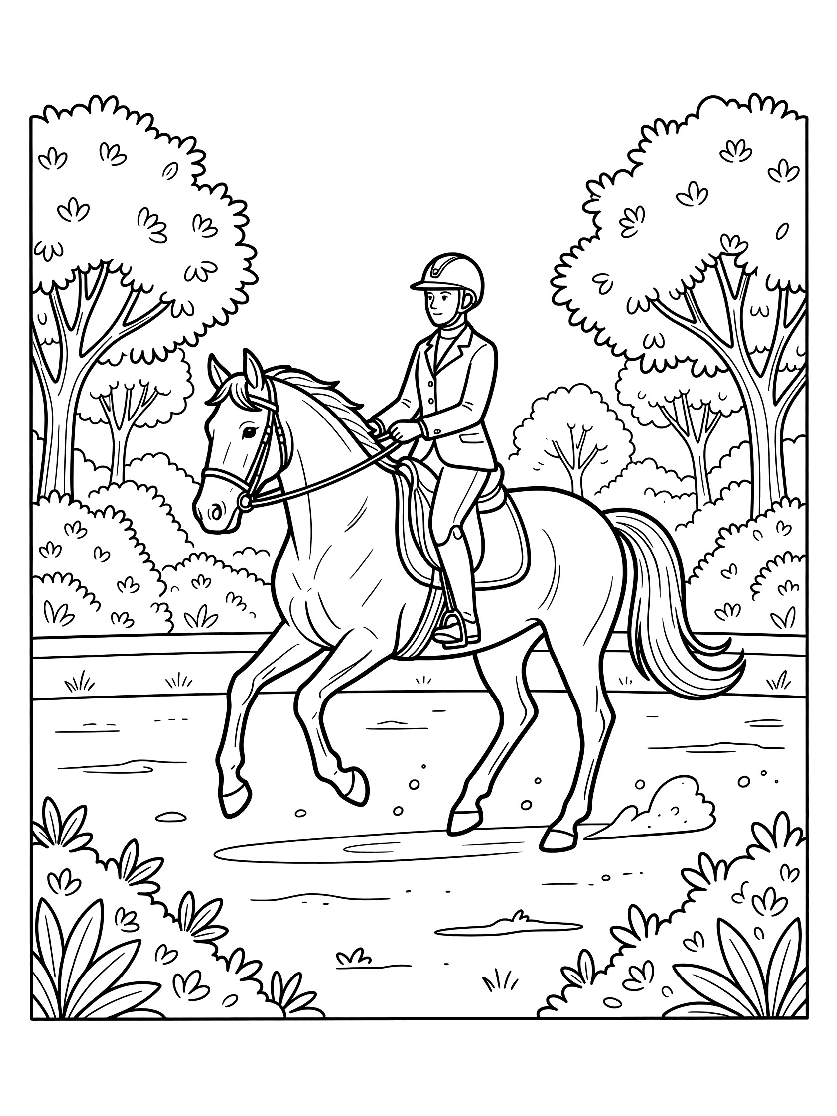 Black and white line art coloring page showing a horse with a rider in riding clothes trotting on a dirt path surrounded by trees and leafy bushes. Dressage themed black and white printable line art