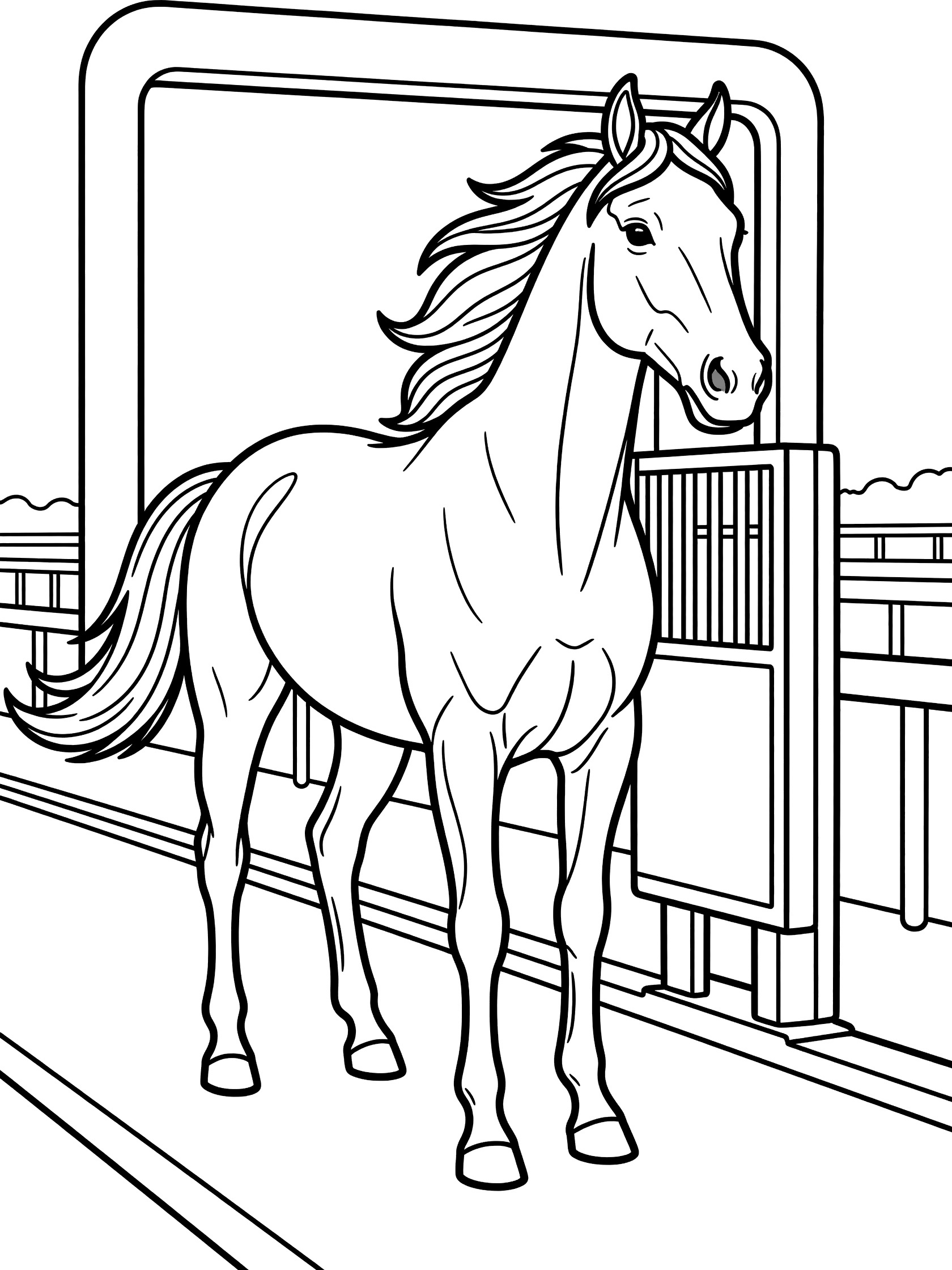 Black and white line art of a horse with flowing mane and tail standing eagerly at an open starting gate on a racetrack, coloring book style. Horse Racing themed black and white printable line art