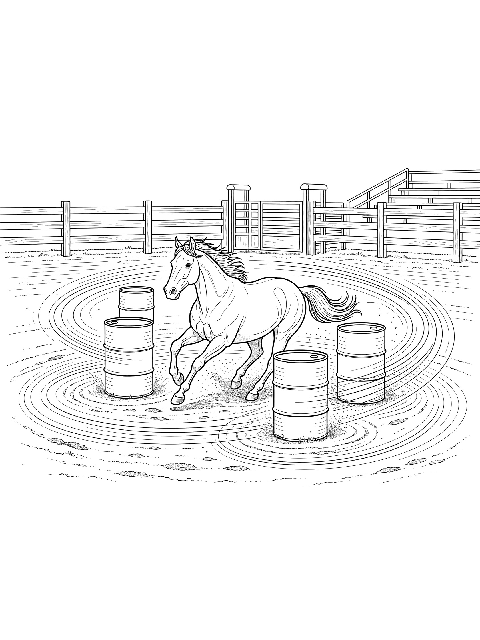 Black and white line art coloring page showing a horse running fast around three barrels in a fenced rodeo arena with gates.