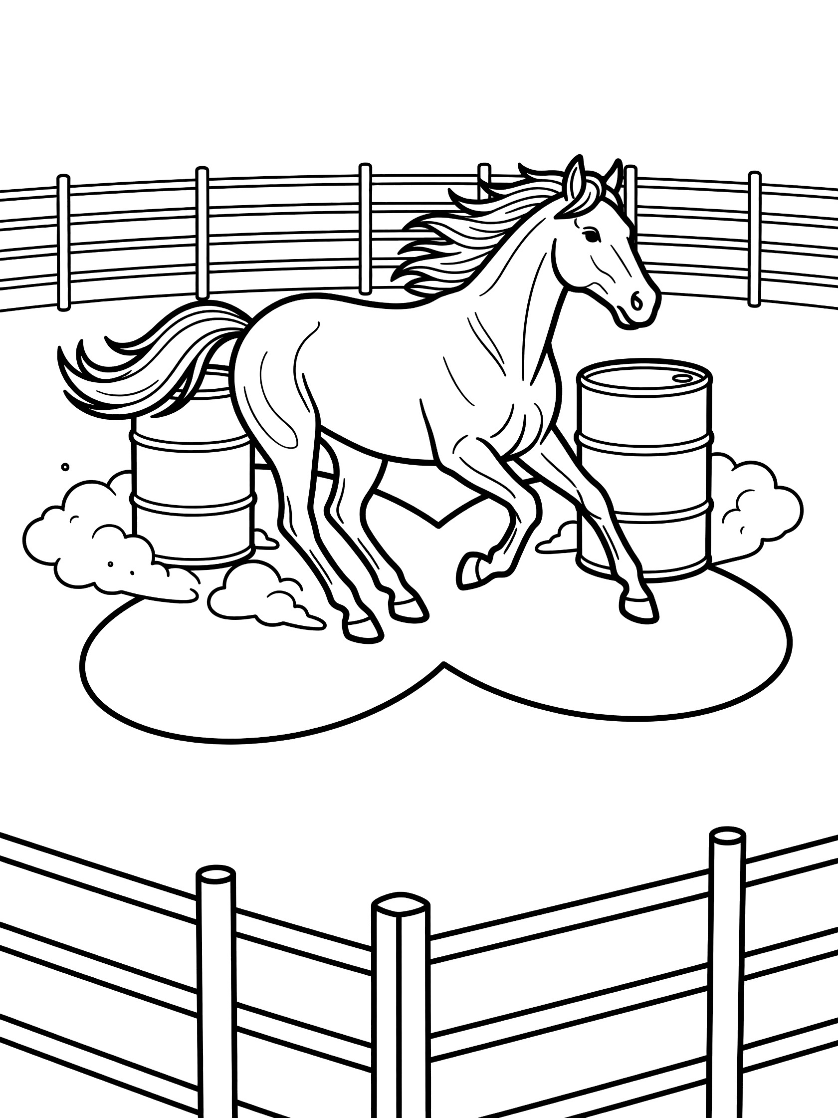 Black and white line art coloring page showing a horse dashing around three barrels in a cloverleaf pattern inside a fenced arena with dust clouds.