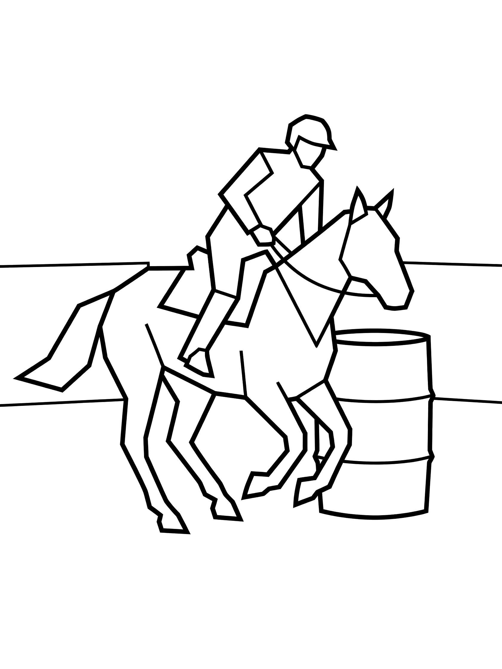 Black and white line art coloring page showing a geometric horse with rider leaning around a barrel in barrel racing, clean outlines on white background.