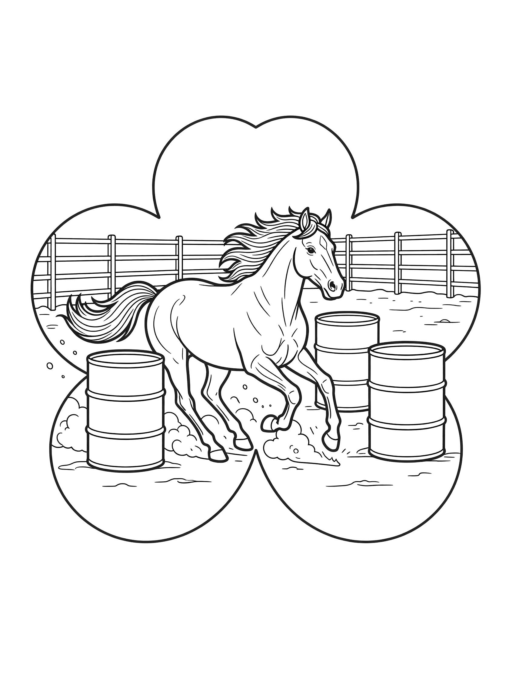 Black and white coloring page of a horse running around three barrels in a cloverleaf shamrock pattern in a rodeo arena with fence.