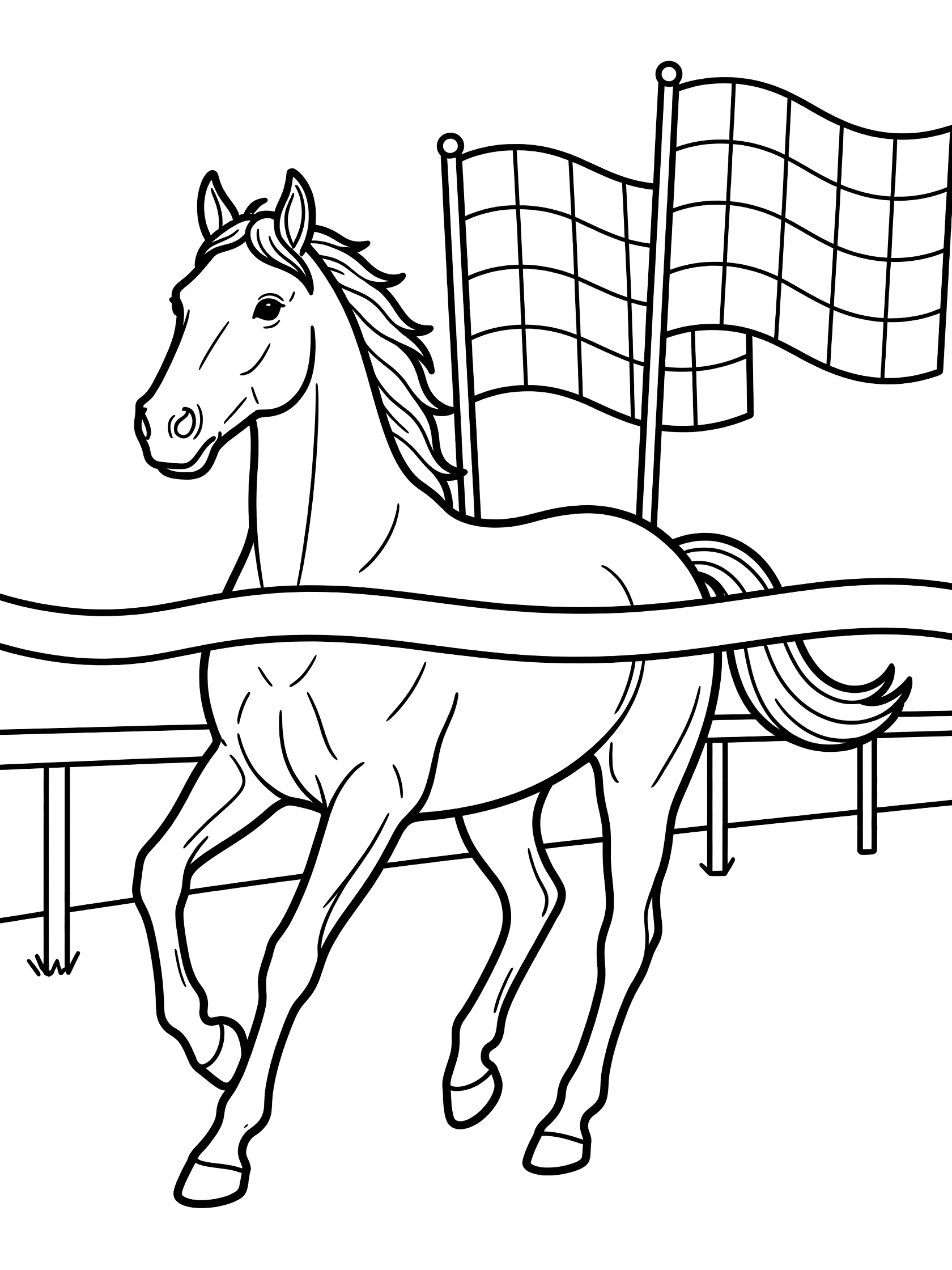 Black and white coloring page showing a horse breaking through a finish line ribbon with checkered flags waving nearby. Horse Racing themed black and white printable line art