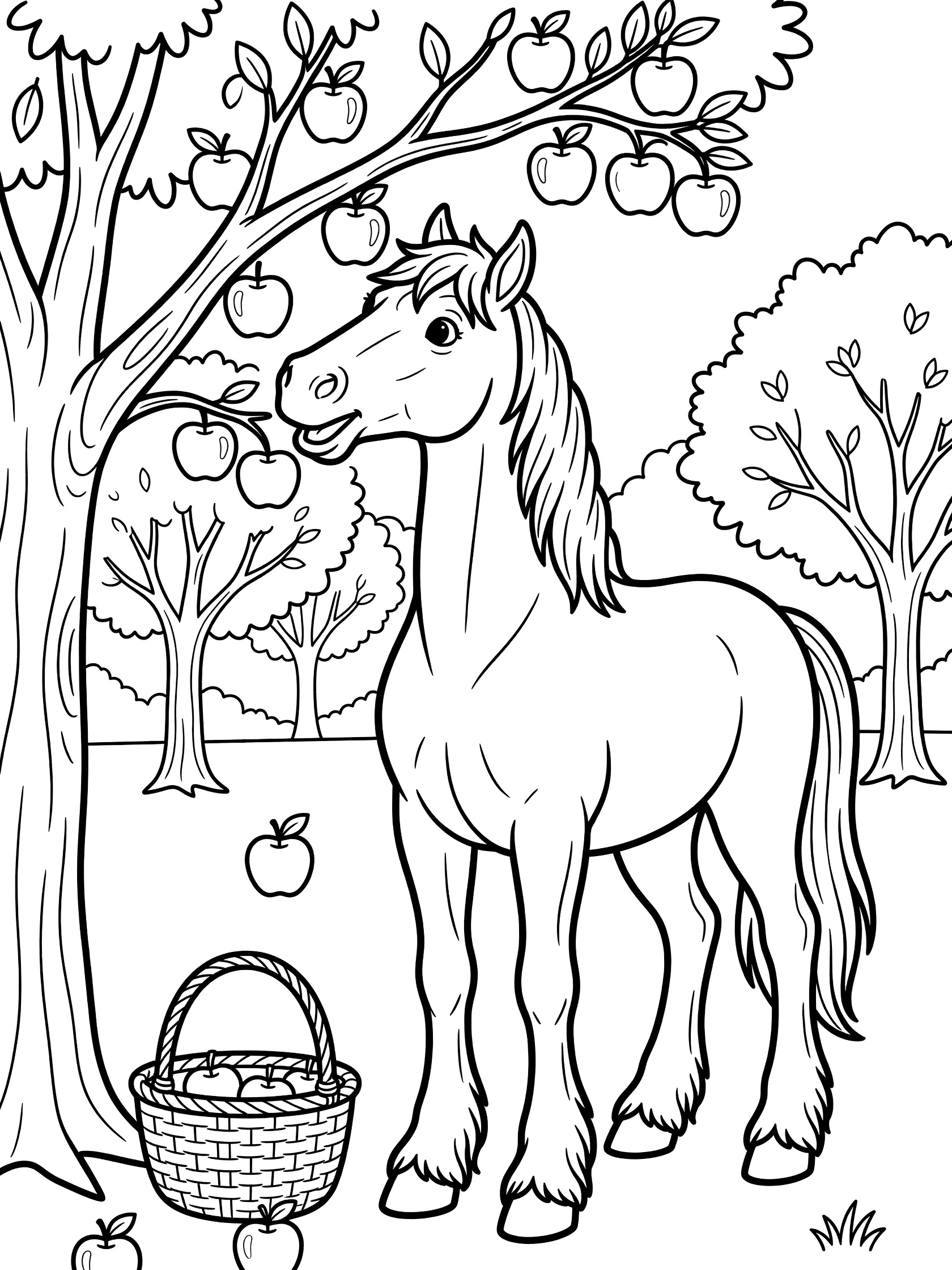 Black and white line art coloring page showing a horse standing on hind legs eating apples from a tree branch, with more apples on the ground and in a basket nearby, trees in background. Clydesdale themed black and white printable line art