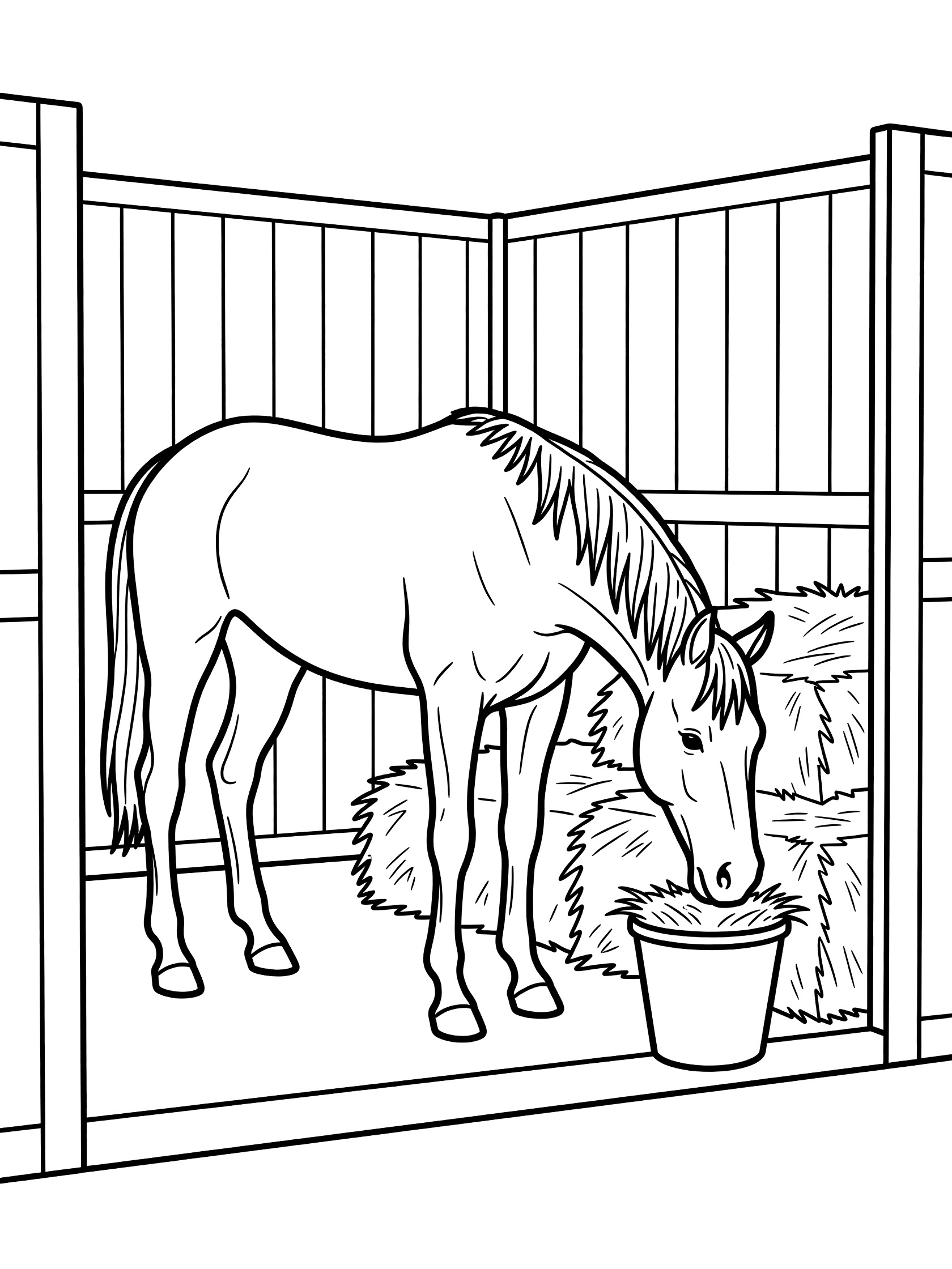 Black and white line art coloring page showing a horse standing in a wooden stable stall eating hay from a bucket with hay stacks nearby. Thoroughbred themed black and white printable line art