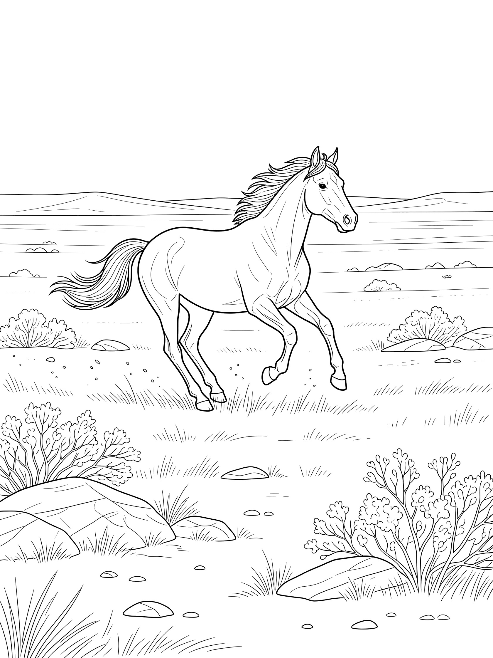 Black-and-white coloring page showing a wild horse galloping on the open Gobi Desert steppe grassland with scattered rocks and low shrubs.