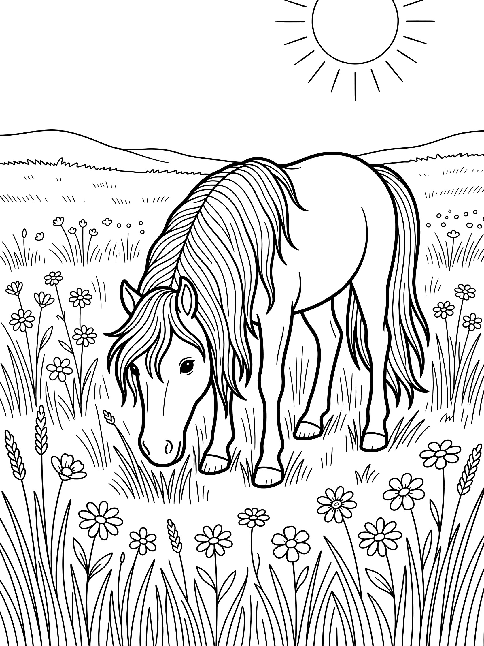 Black and white line art coloring page showing a horse with flowing mane grazing tall grass and flowers under a sun with distant hills. Pony themed black and white printable line art