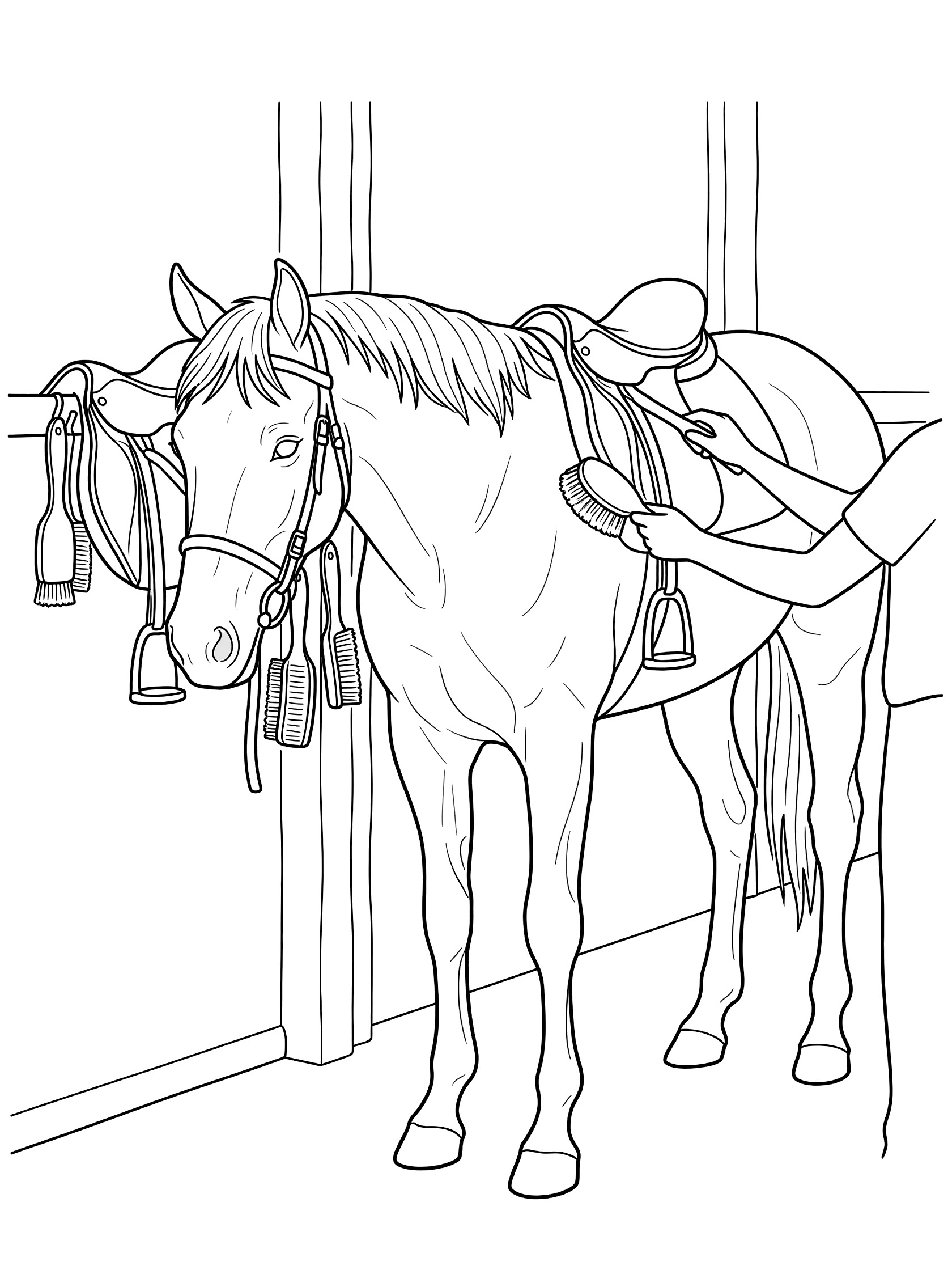 Black and white line art coloring page of a horse standing in a stable with a person brushing it and a saddle nearby. Horse Racing themed black and white printable line art