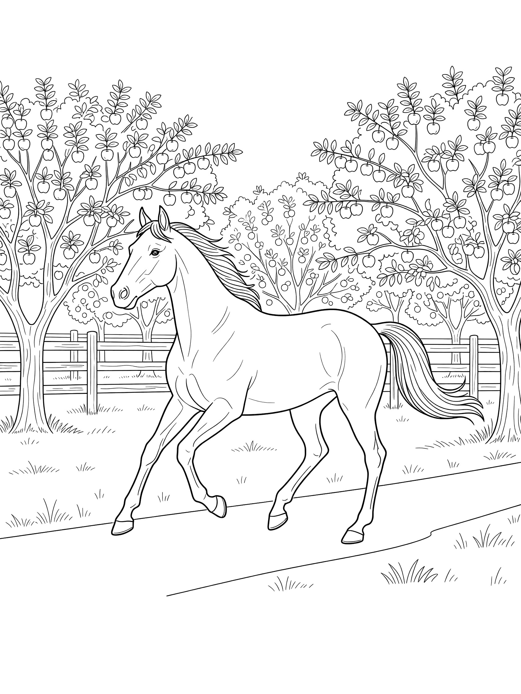 Black and white line art coloring page showing a horse cantering in an orchard with apple trees bearing fruit and a split-rail fence. Thoroughbred themed black and white printable line art