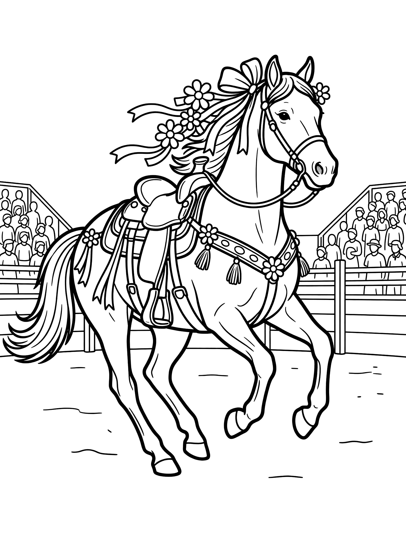 Black and white coloring page of a horse with ribbons and flowers on mane and saddle, prancing in an arena with fences and spectator stands. Rodeo themed black and white printable line art