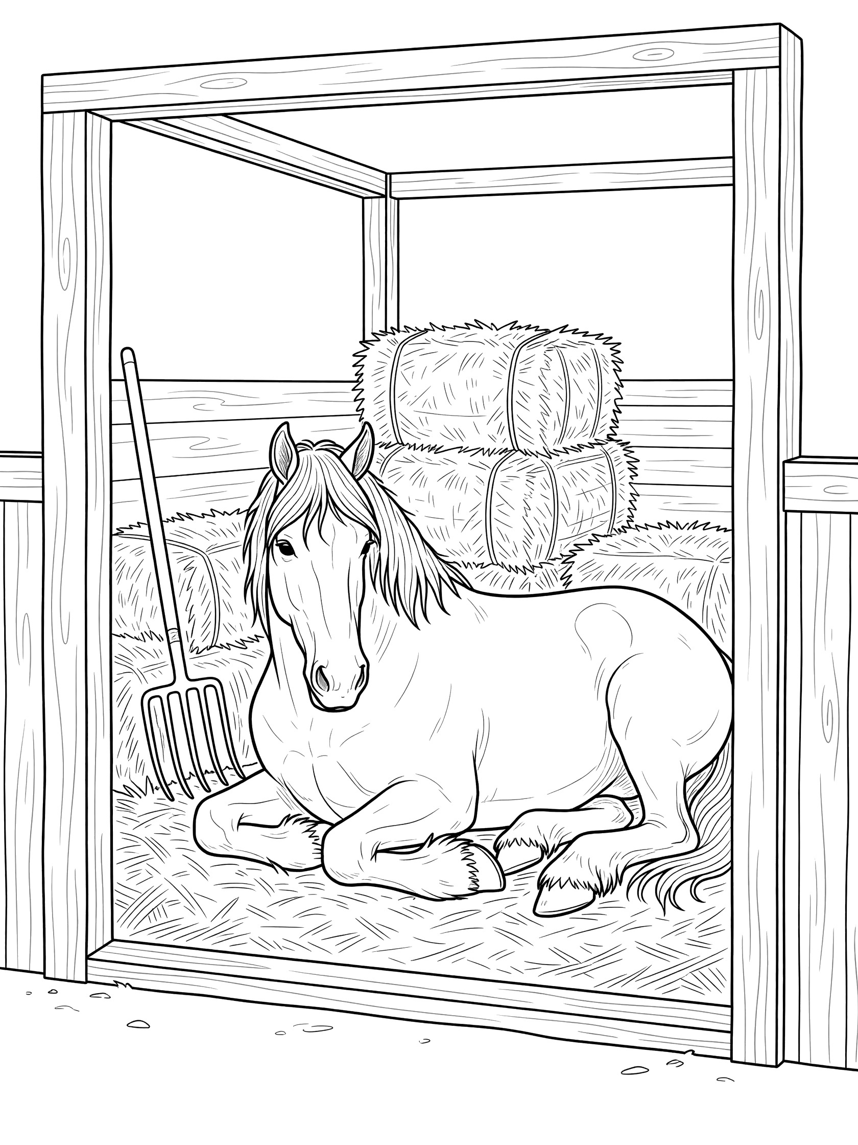 Black and white line art of a horse lying down in an open wooden barn stall with hay bales and pitchfork. Clydesdale themed black and white printable line art