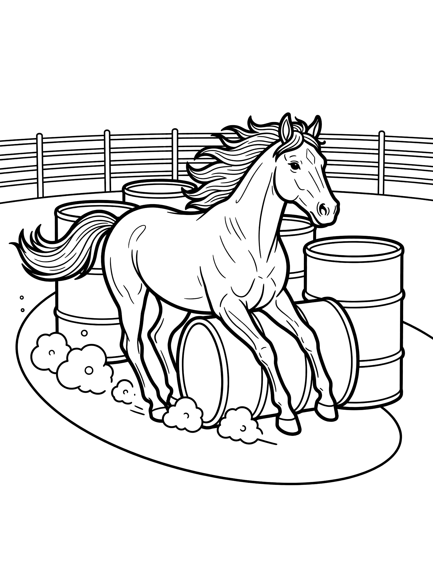 Black and white line art coloring page showing a horse dashing around three barrels in a fenced arena with dust clouds and flowing mane.