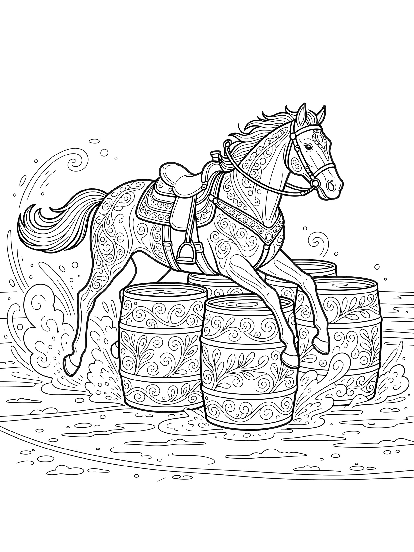 Black and white line art coloring page showing a horse leaping over barrels with swirling patterns on the barrels and horse tack. Barrel Racing themed black and white printable line art