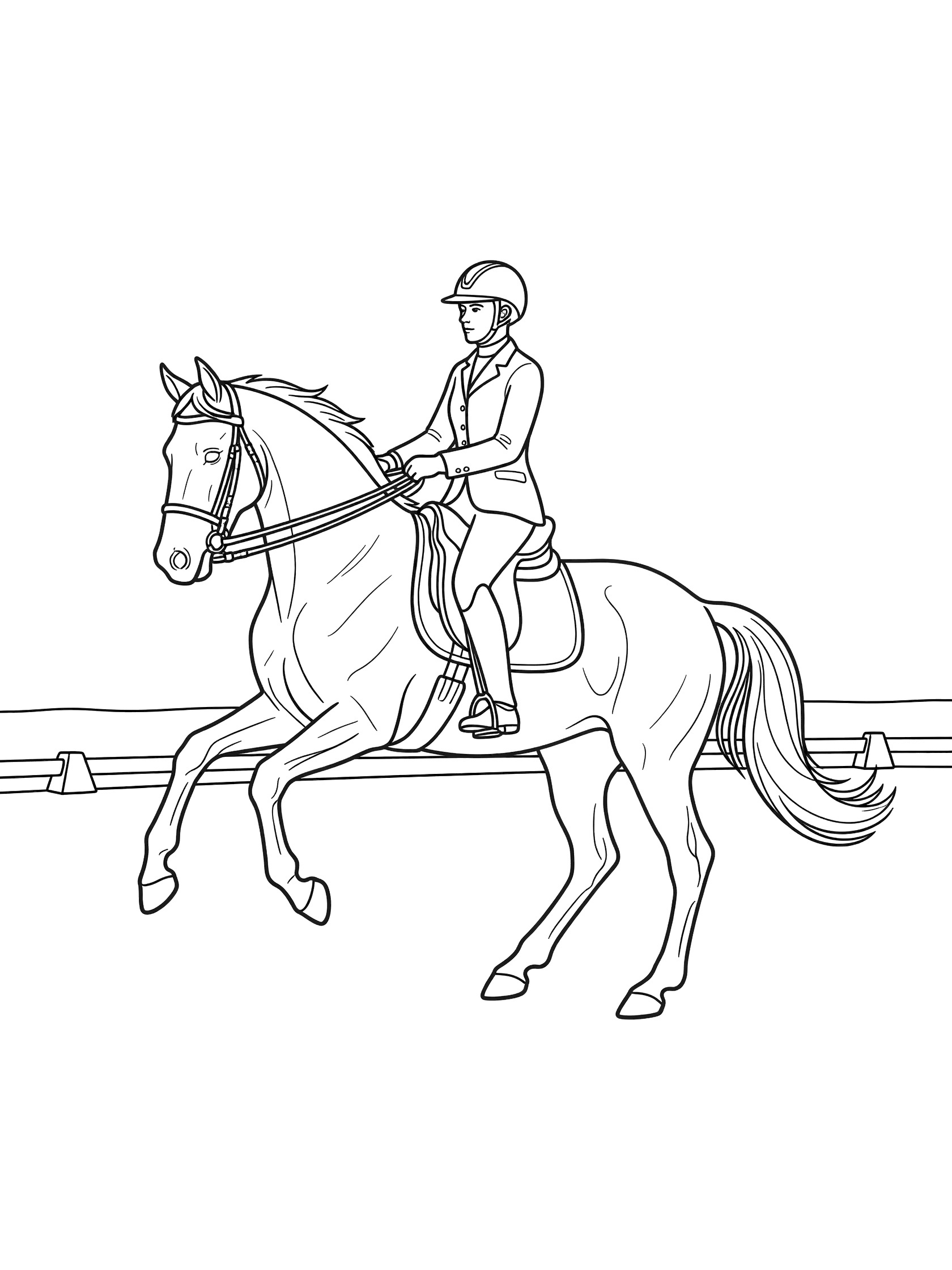 Printable coloring page showing a horse jumping over cones in show jumping with a rider in uniform and helmet.