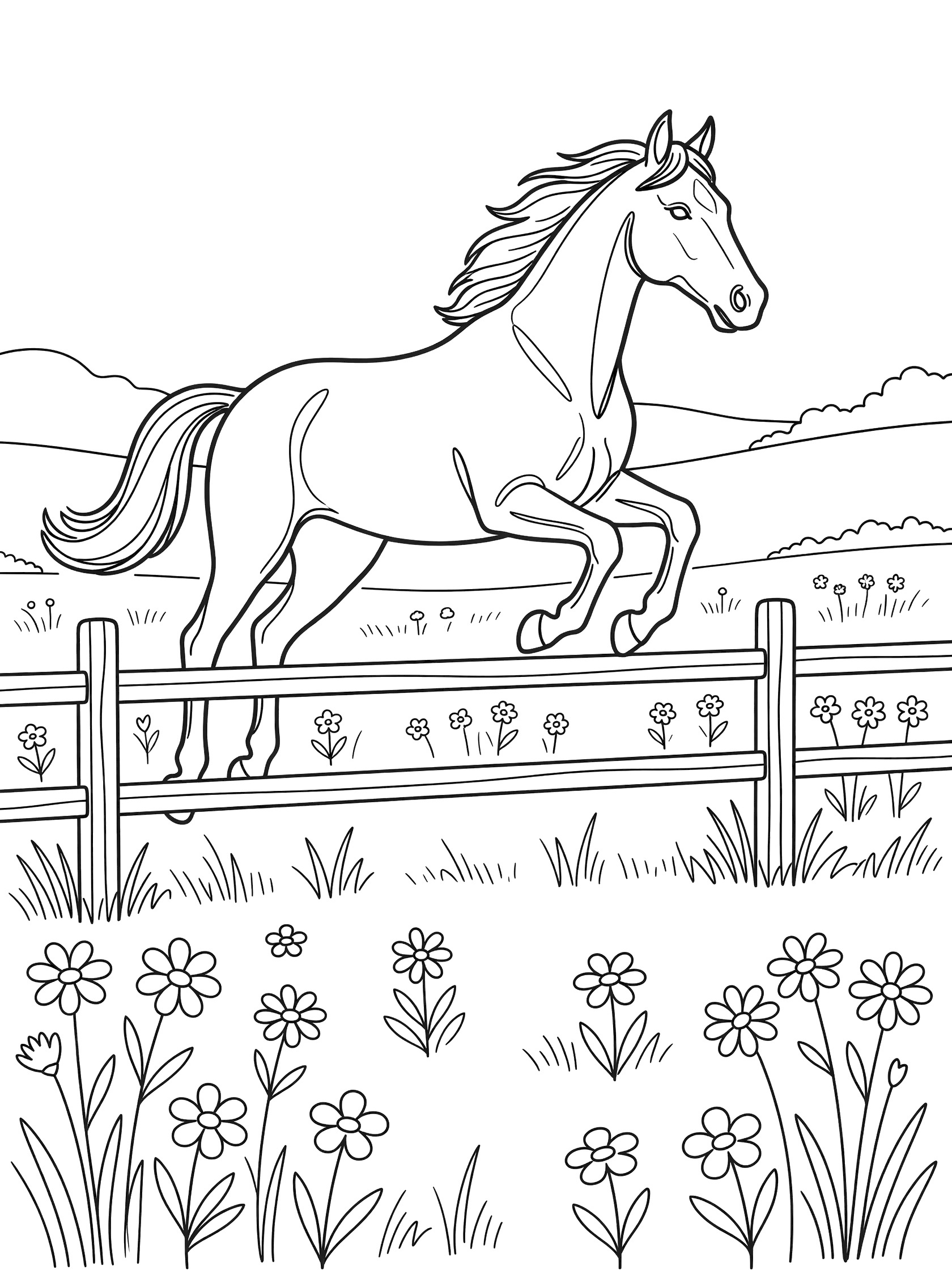 Black and white line art coloring page showing a horse leaping over a wooden fence in a field with grass, flowers, and distant hills. Thoroughbred themed black and white printable line art