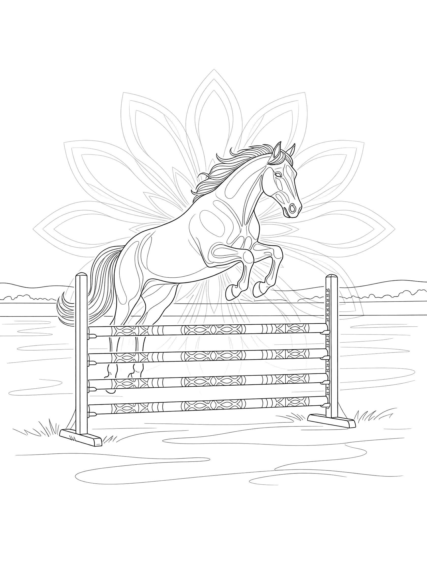 Black and white line art coloring page showing a horse in mid-jump over a tall fence with repeating patterns, set in a field. Show Jumping themed black and white printable line art