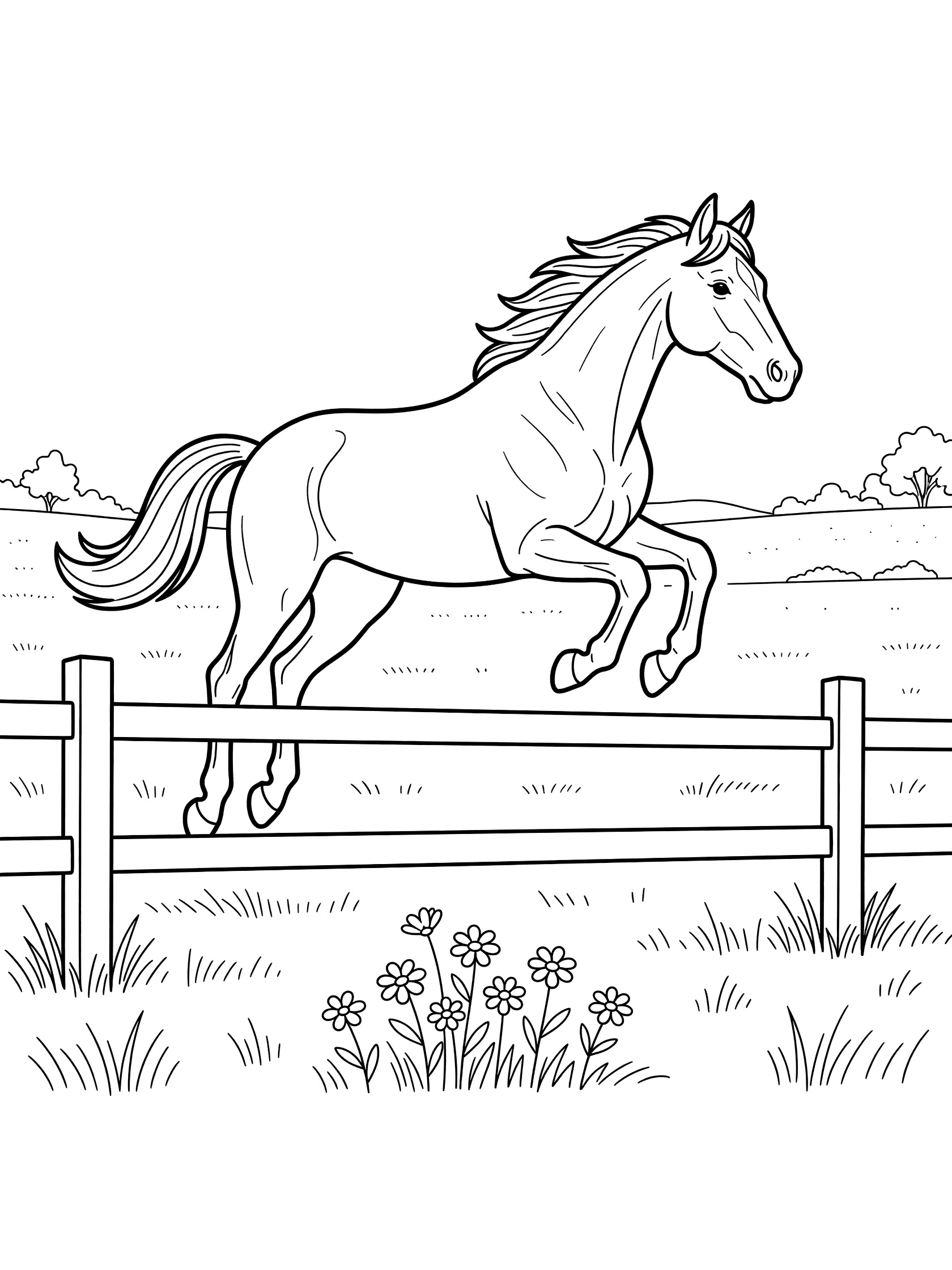 Black and white line art coloring page showing a horse leaping over a simple wooden fence in a field with grass and flowers. Thoroughbred themed black and white printable line art