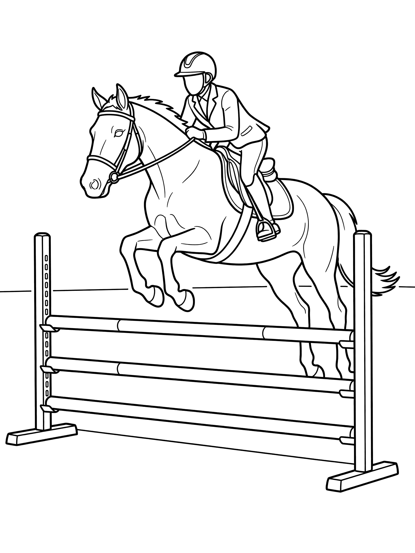 Black and white line art coloring page showing a horse leaping over a tall wooden fence with a rider in riding clothes and helmet. Show Jumping themed black and white printable line art