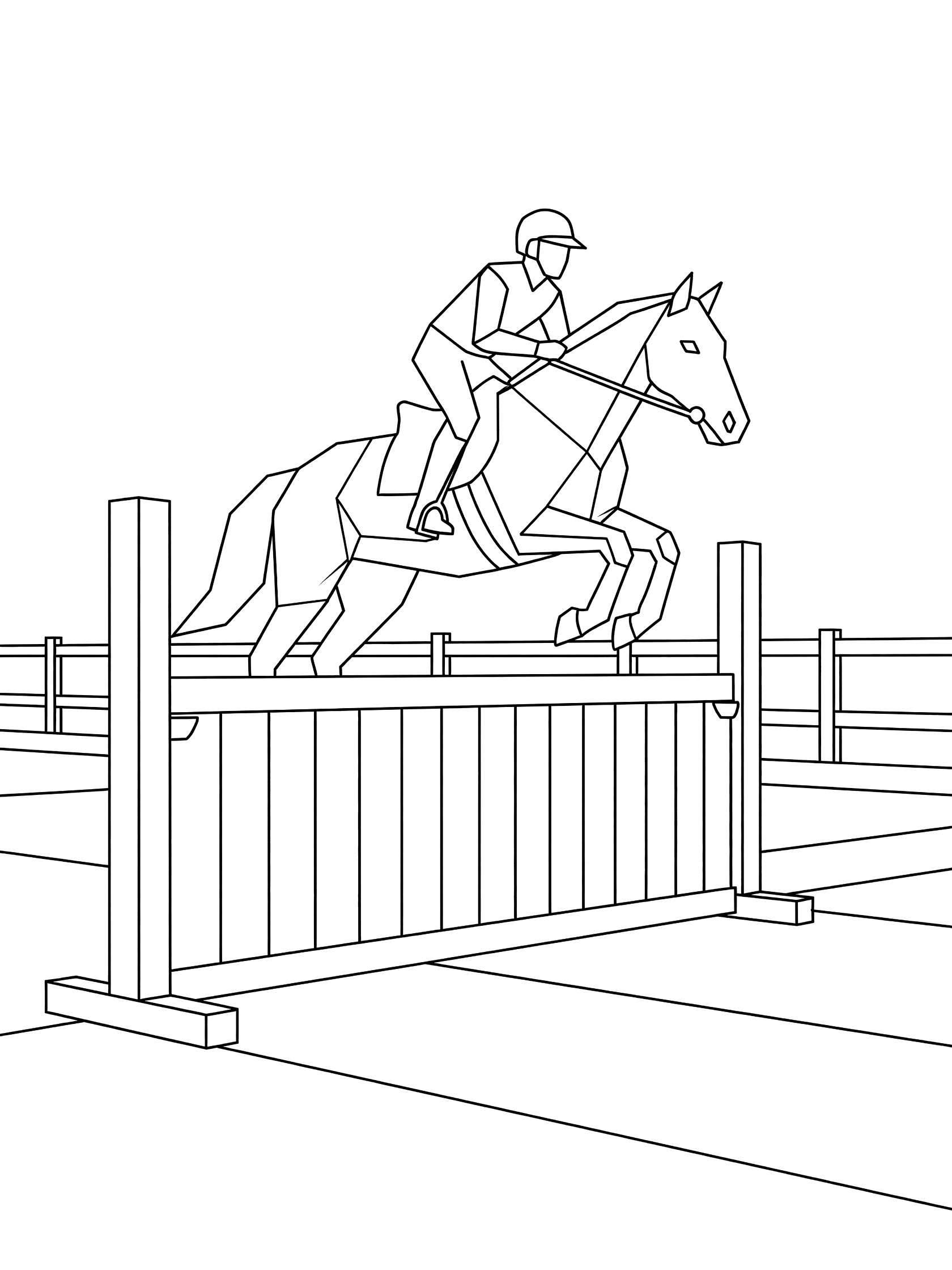 Printable coloring page showing a horse silhouette with rider clearing a tall fence in show jumping style, clean line art.