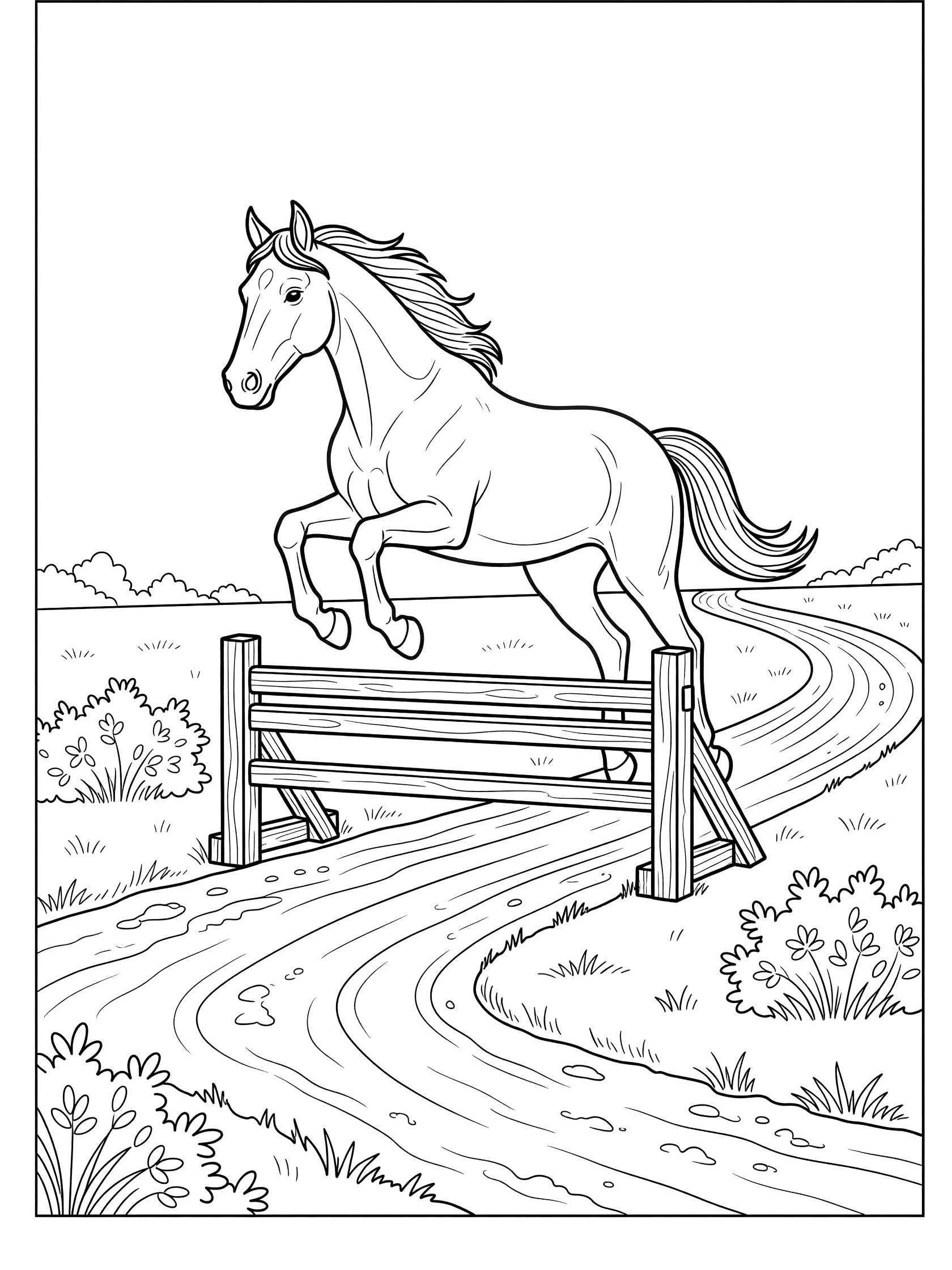 Black and white coloring page of a horse leaping over a wooden fence with bushes and a winding dirt path. Horse Racing themed black and white printable line art