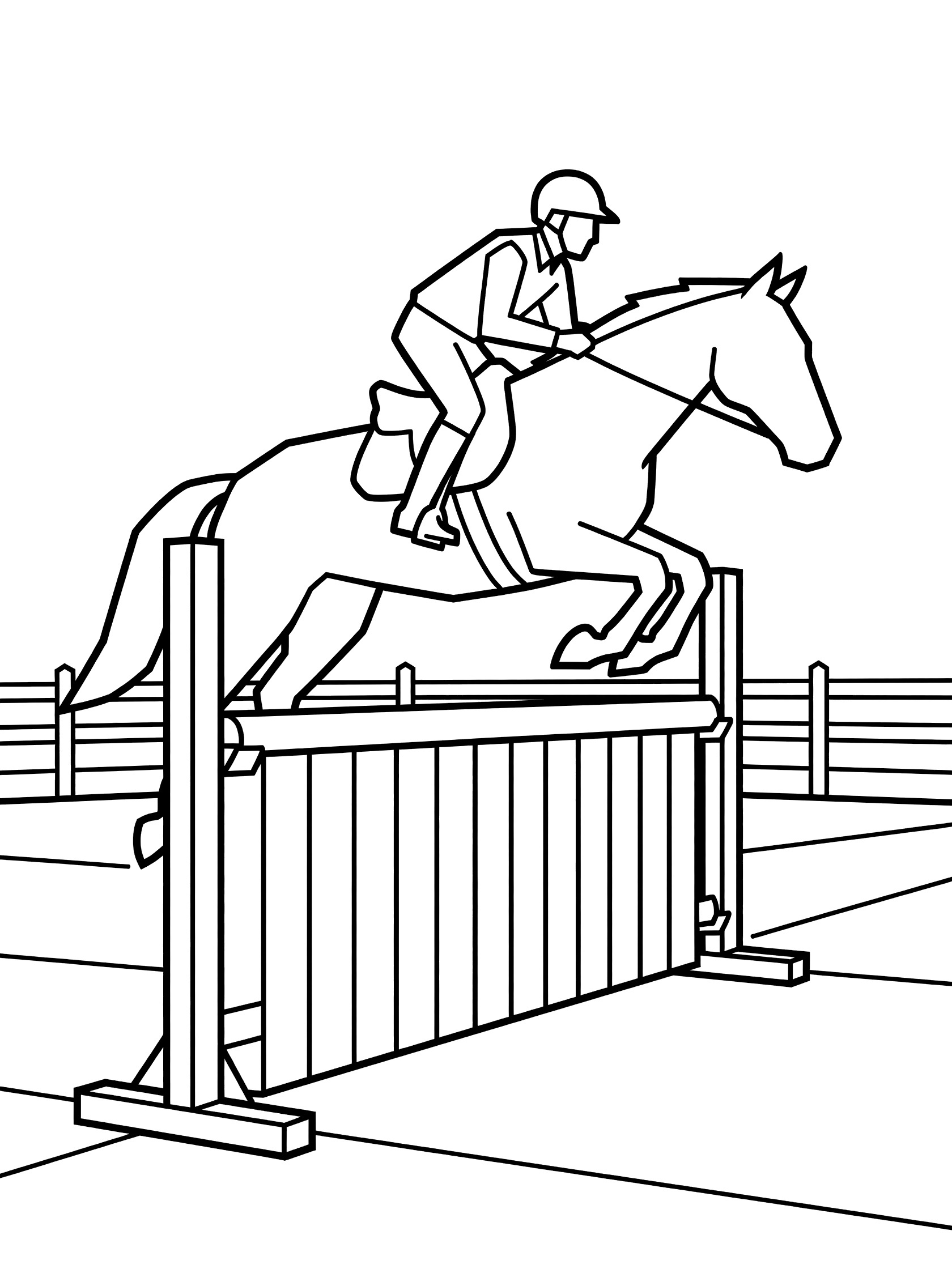 Black and white line art coloring page showing a horse leaping over a wooden plank fence with a rider wearing a helmet. Show Jumping themed black and white printable line art
