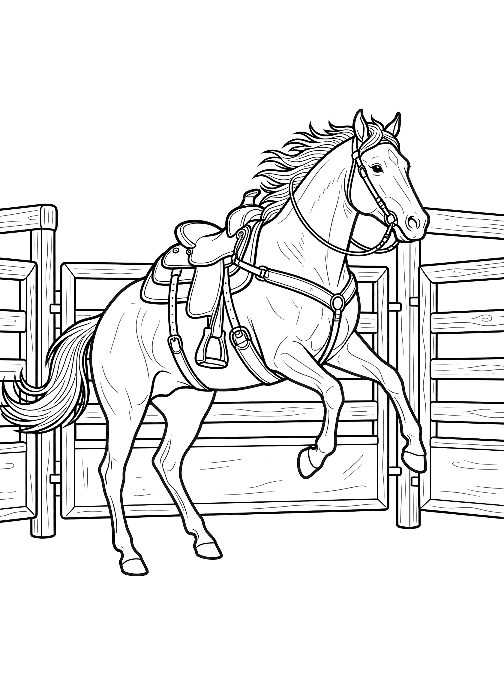 Black and white line art of a horse with saddle jumping over a wooden corral fence. Rodeo themed black and white printable line art