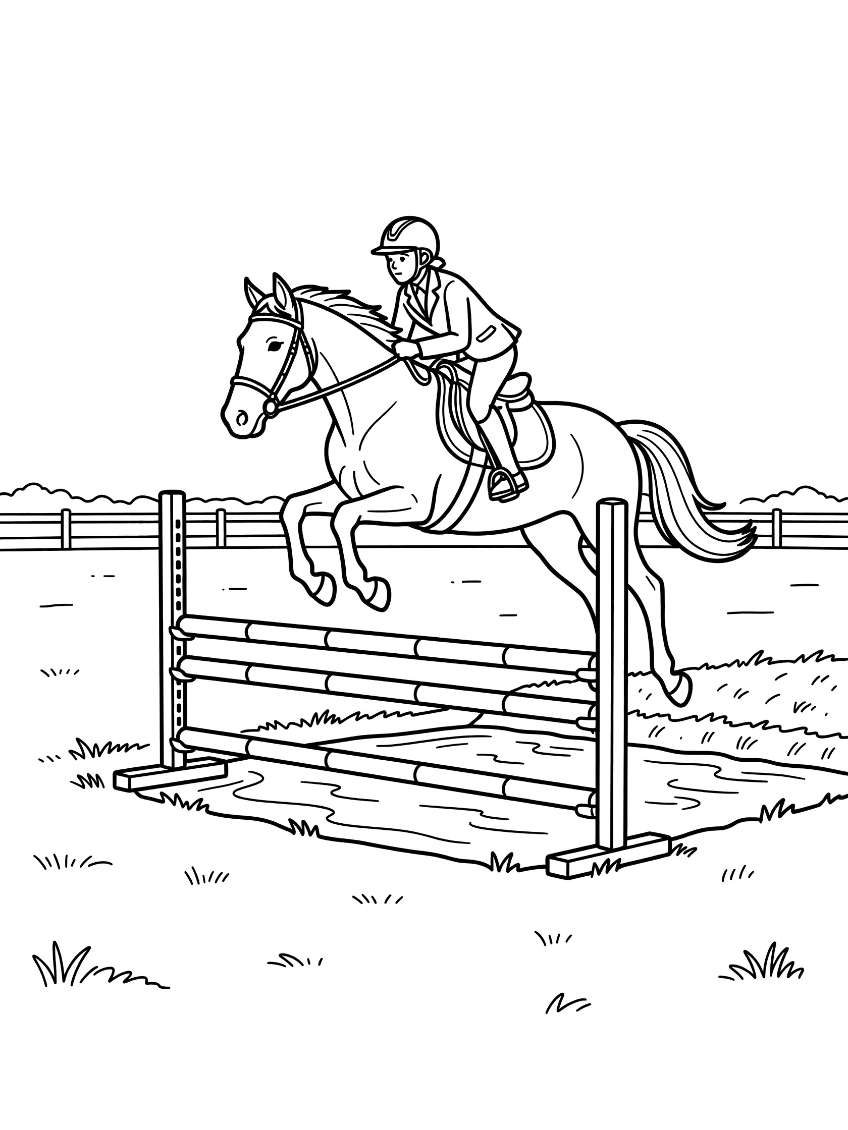 Black and white line art coloring page showing a horse mid-jump over a wooden fence with water below, rider on back, grass around. Show Jumping themed black and white printable line art