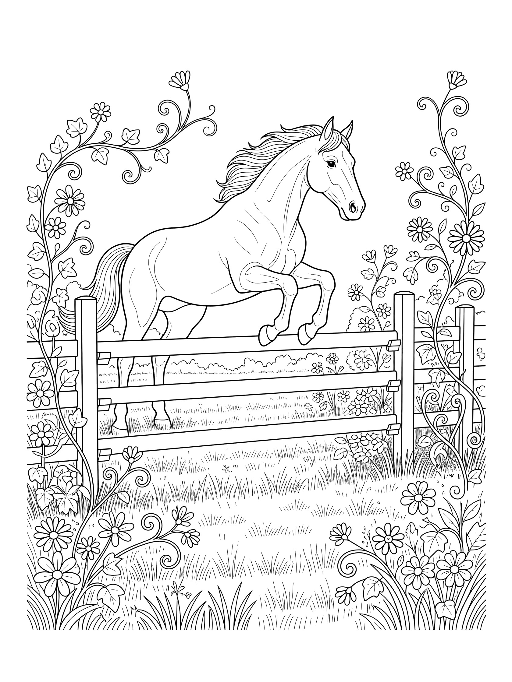 Black and white line art of a horse jumping over a wooden fence with vines, flowers, and grass around it. Show Jumping themed black and white printable line art