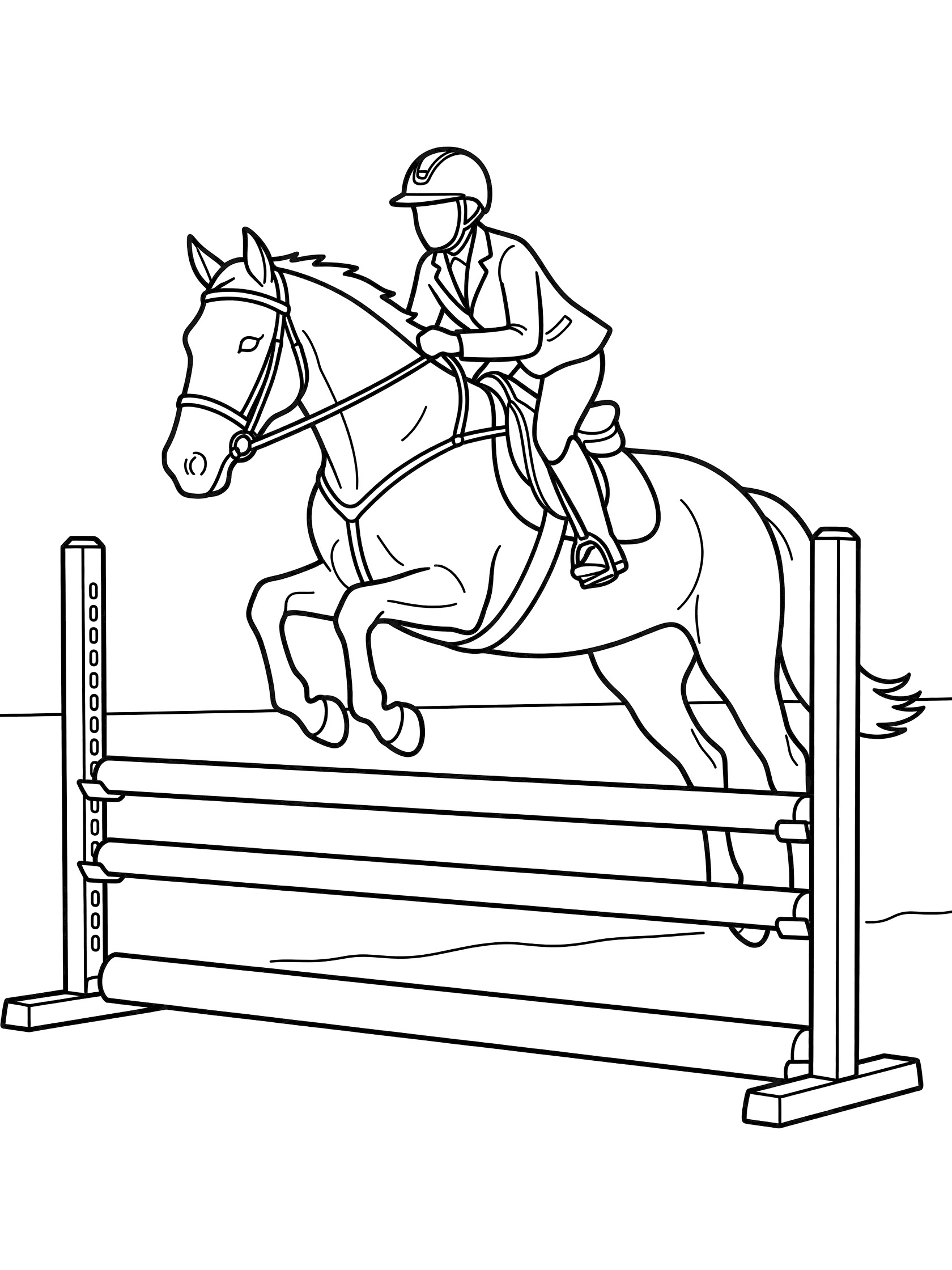 Black and white line art coloring page showing a horse leaping over a tall wooden fence with a rider wearing a helmet and jacket.