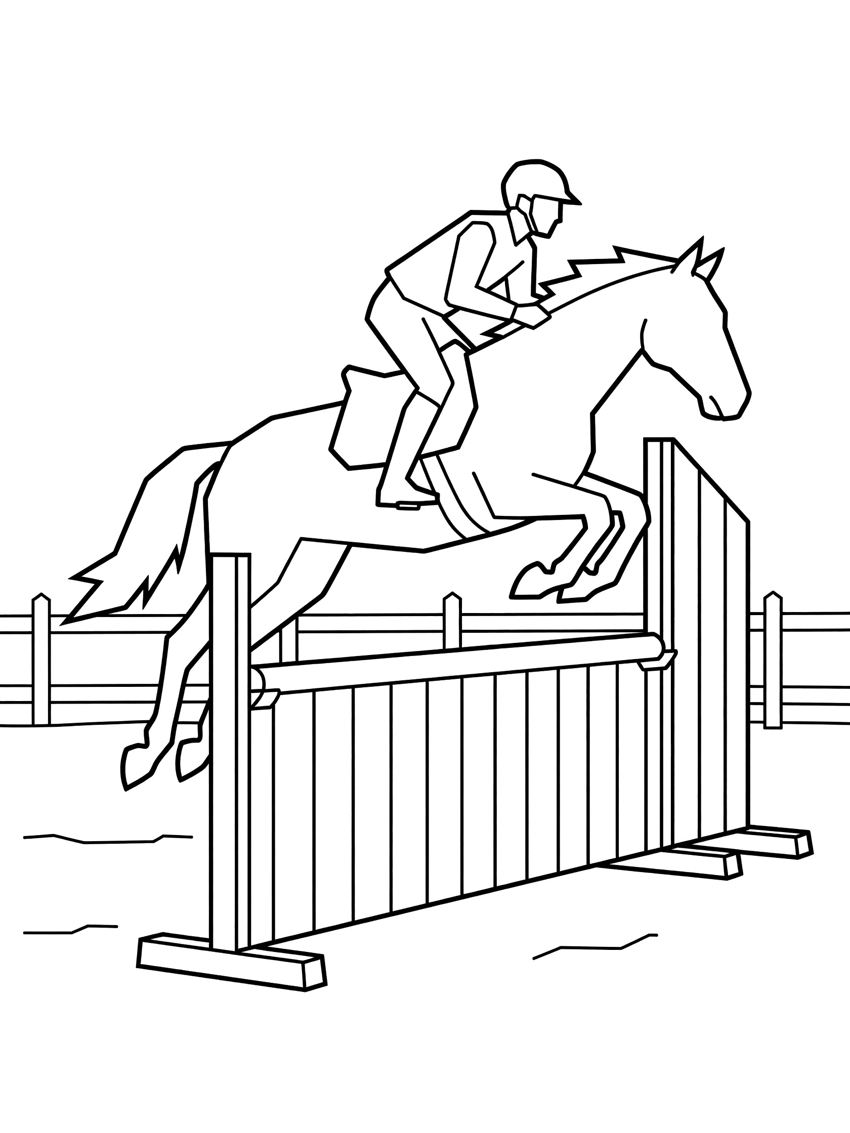 Black and white line art coloring page showing a horse leaping over a wooden fence with a rider wearing a helmet. Show Jumping themed black and white printable line art