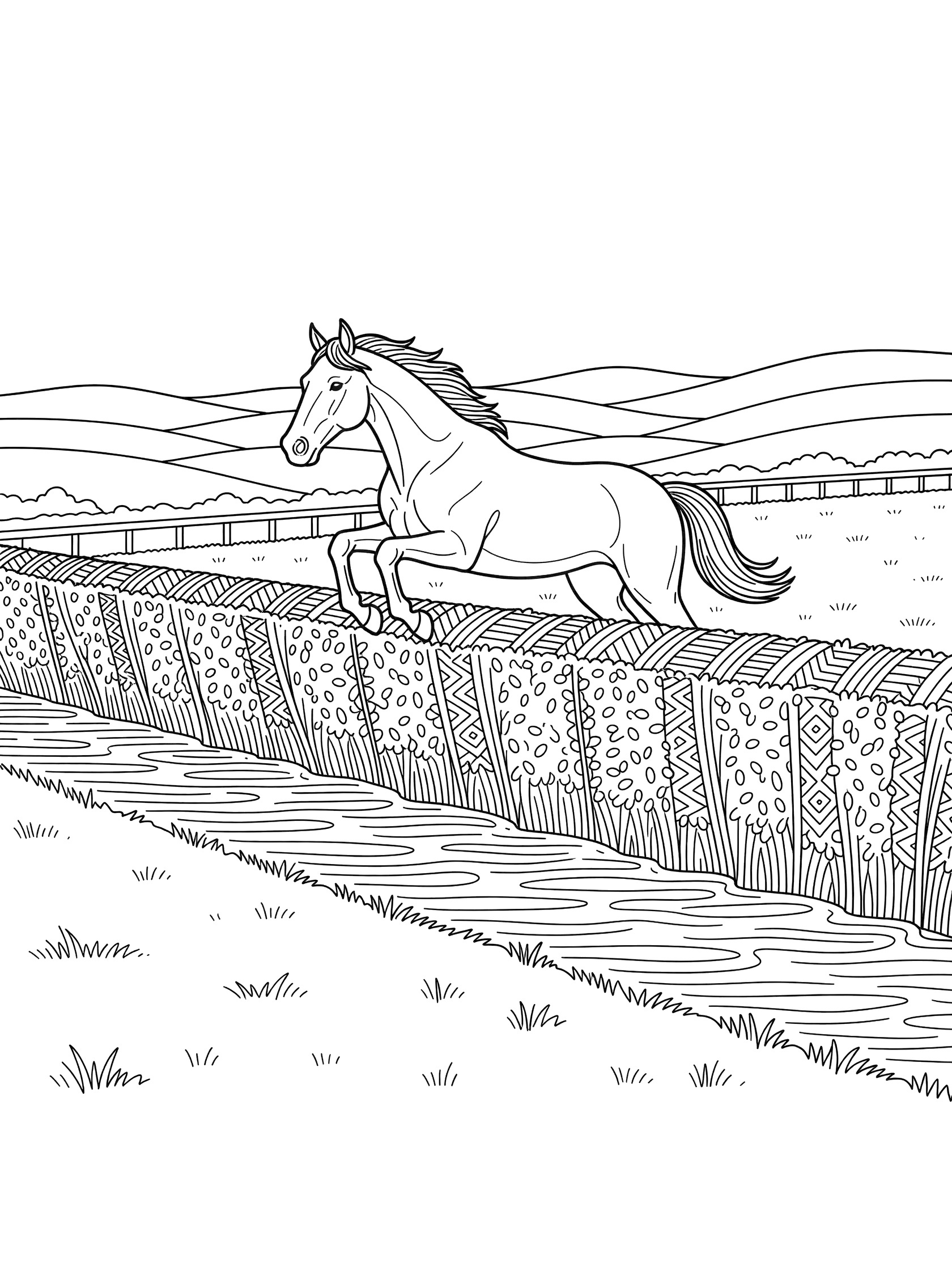 Black and white line art coloring page showing a horse leaping over a tall patterned hedge with a water ditch underneath and distant hills. Horse Racing themed black and white printable line art