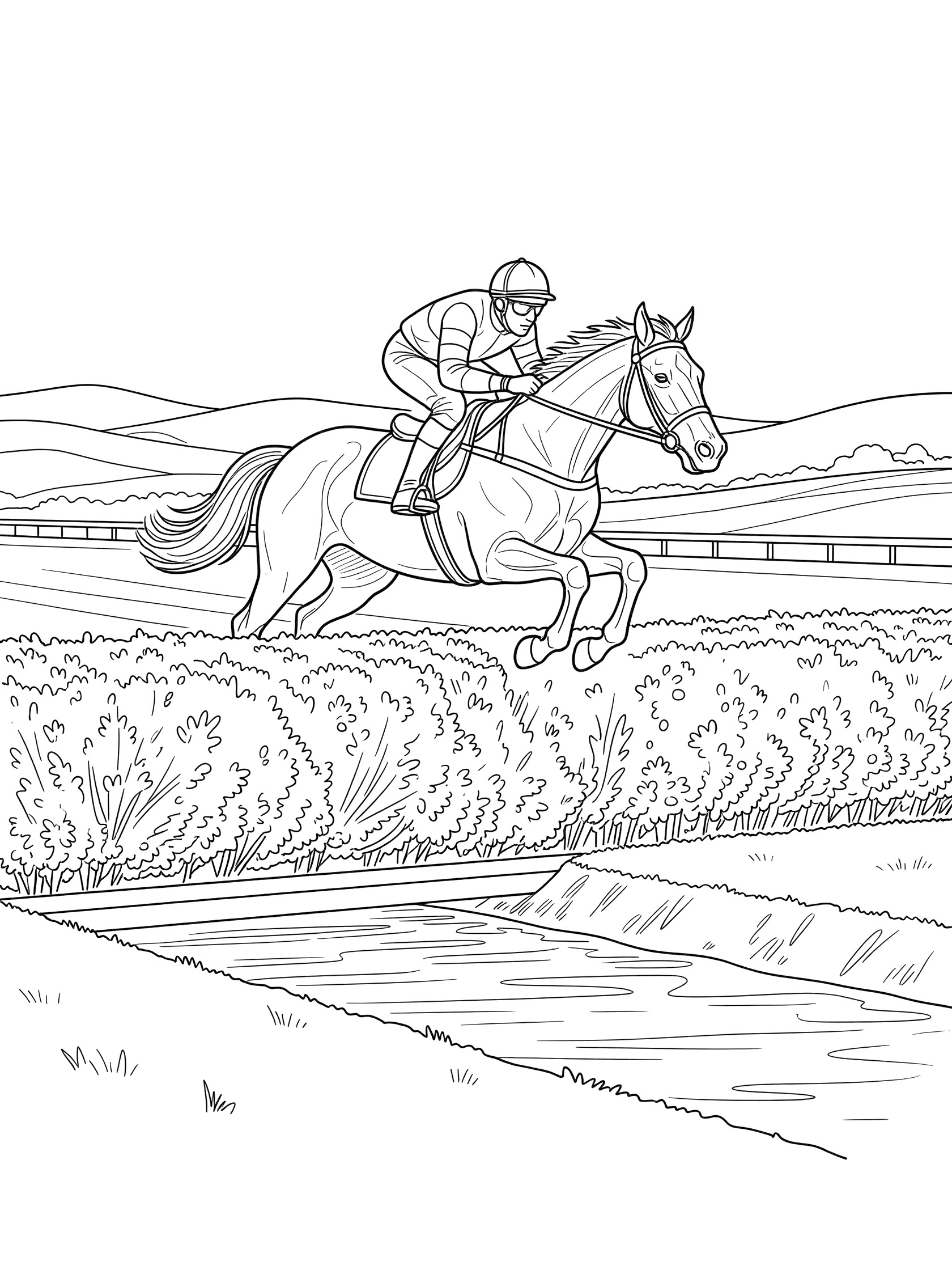Black and white line art of a horse leaping over a bushy hedge with a jockey riding, water below, and distant hills.