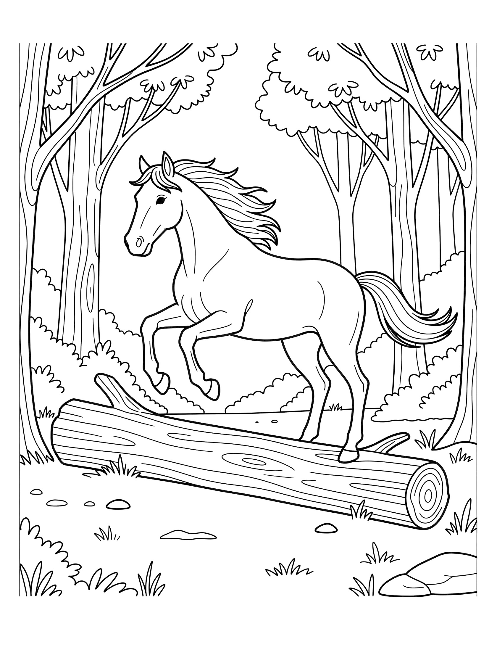 Black and white line art coloring page showing a horse leaping over a fallen log surrounded by trees in a forest clearing. Mustang themed black and white printable line art