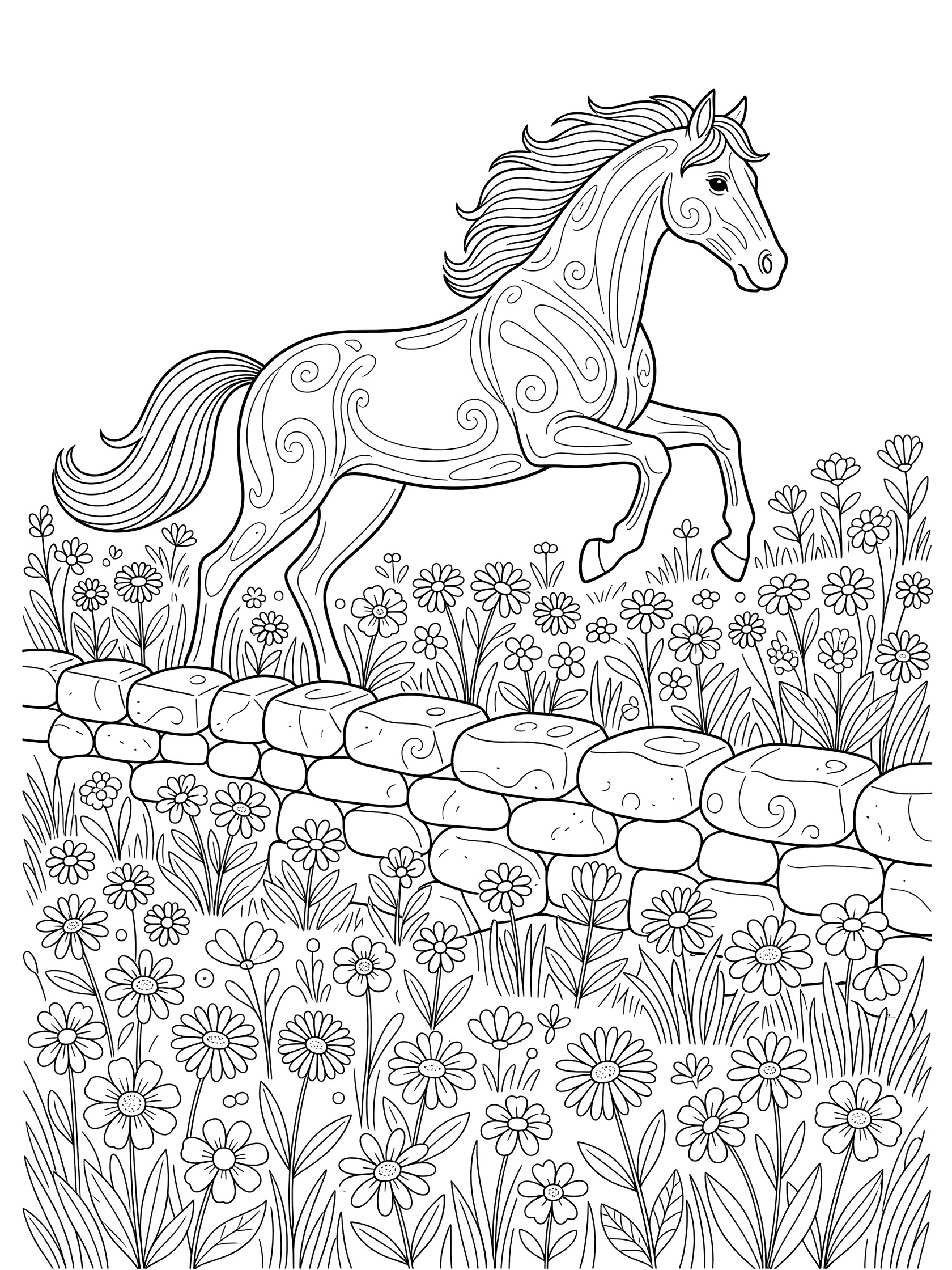 Black and white line art coloring page showing a horse leaping over a stone wall fence surrounded by meadow flowers. Show Jumping themed black and white printable line art