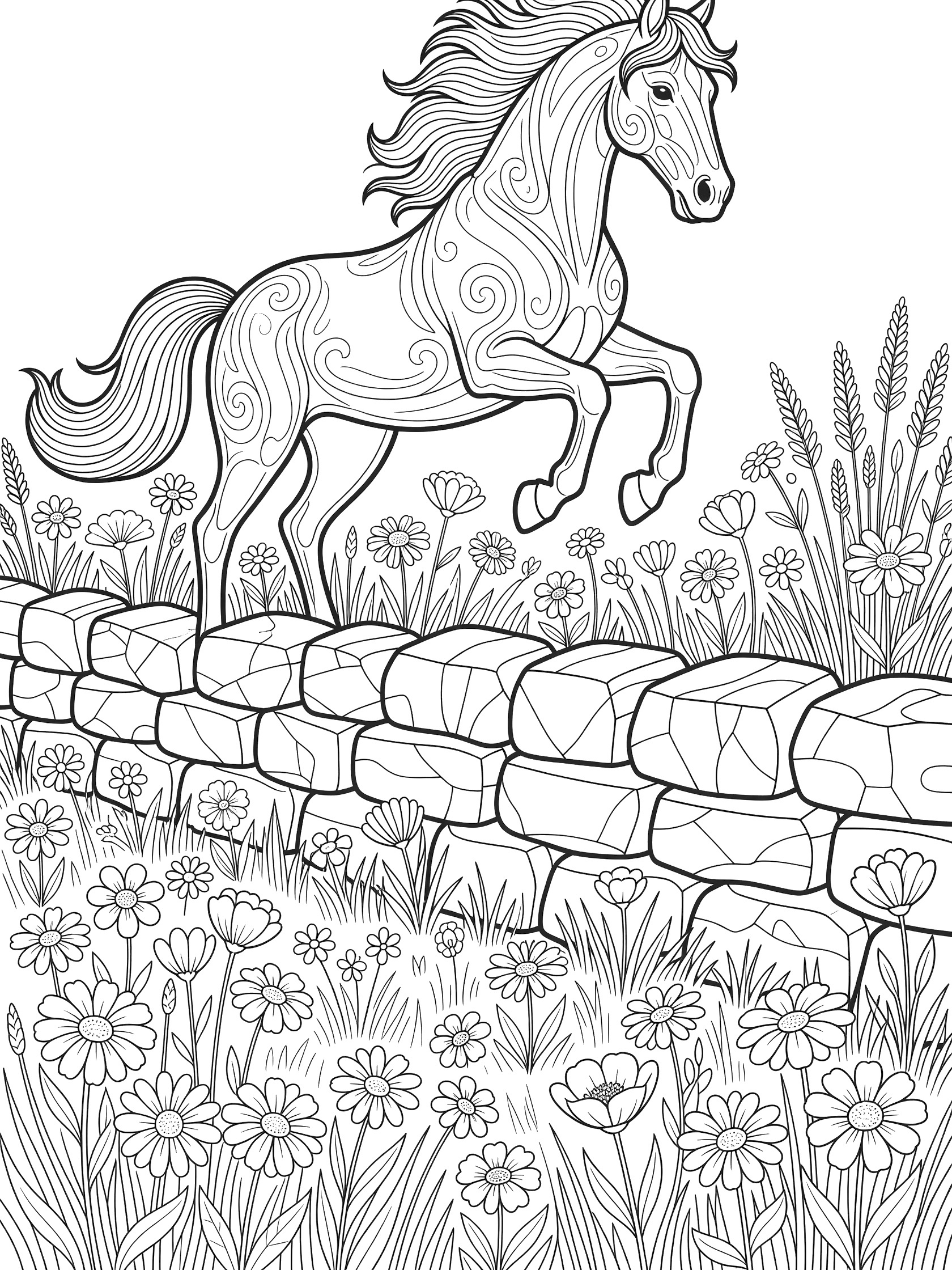 Black and white line art coloring page showing a horse leaping over a stone wall fence surrounded by flowers and grass in a meadow. Show Jumping themed black and white printable line art