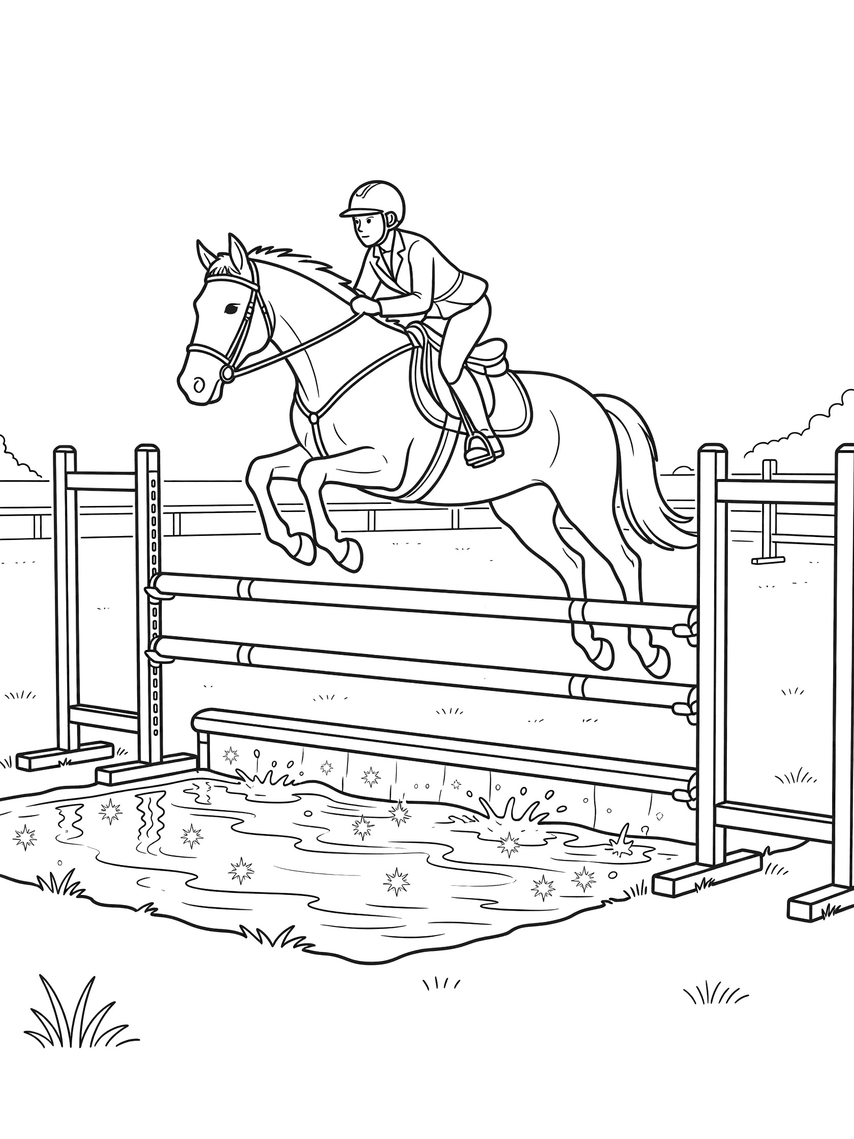 Black and white line art coloring page showing a horse mid-jump over a water obstacle with rider leaning forward, fence rails, grass, and ditch. Show Jumping themed black and white printable line art
